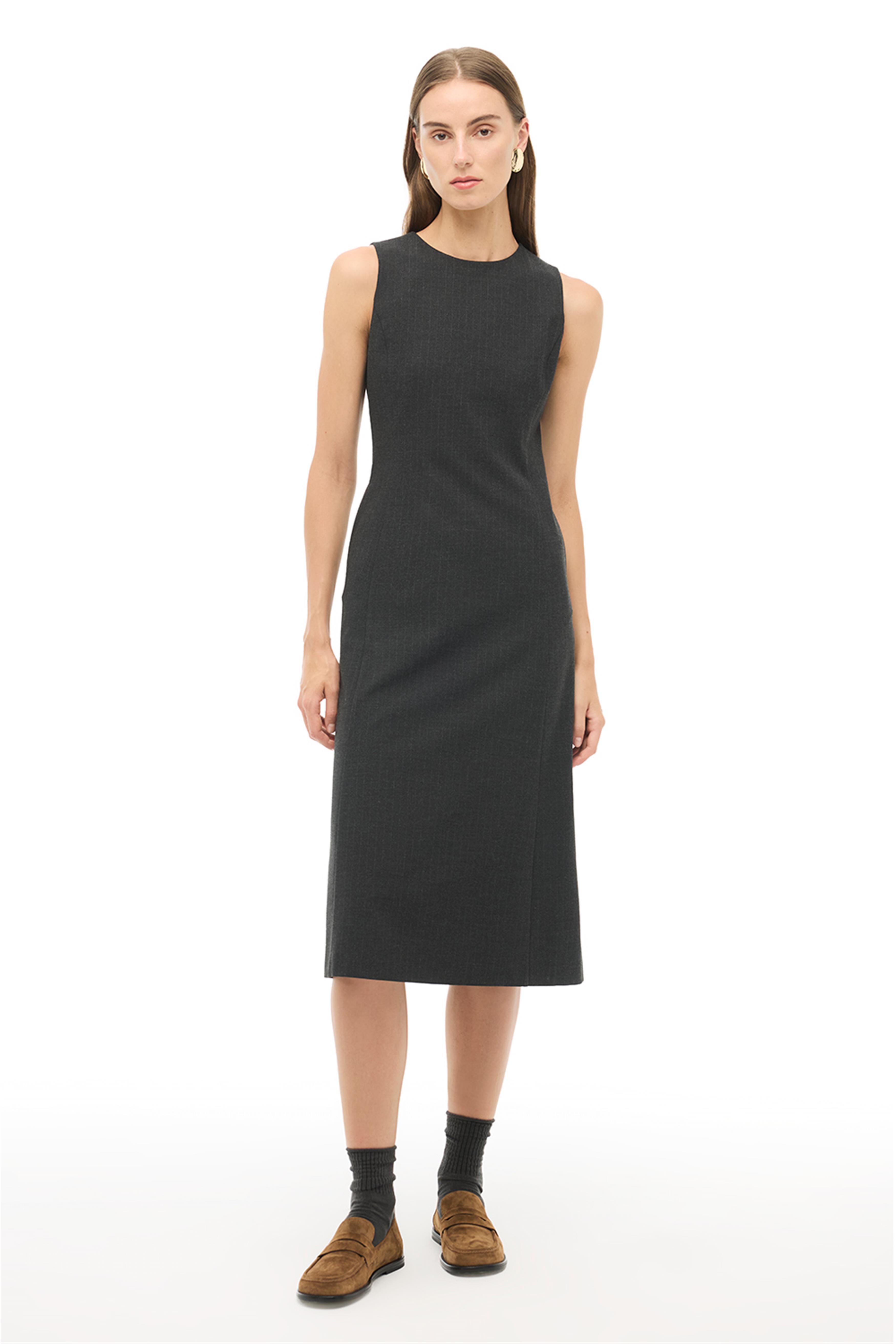 Antrasit Çizgili Midi Elbise