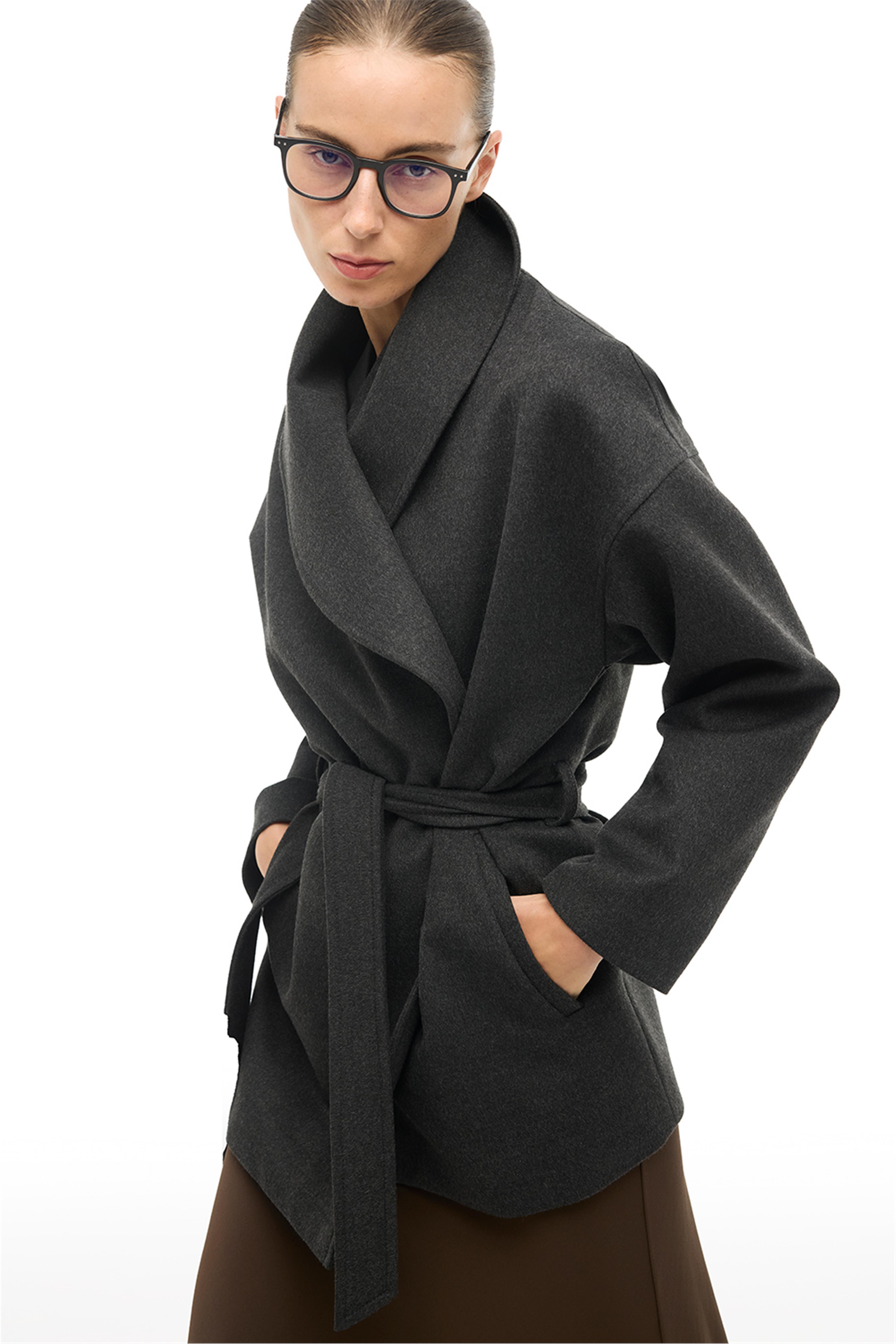 Antrasit Şal Yaka Kuşaklı Kaban