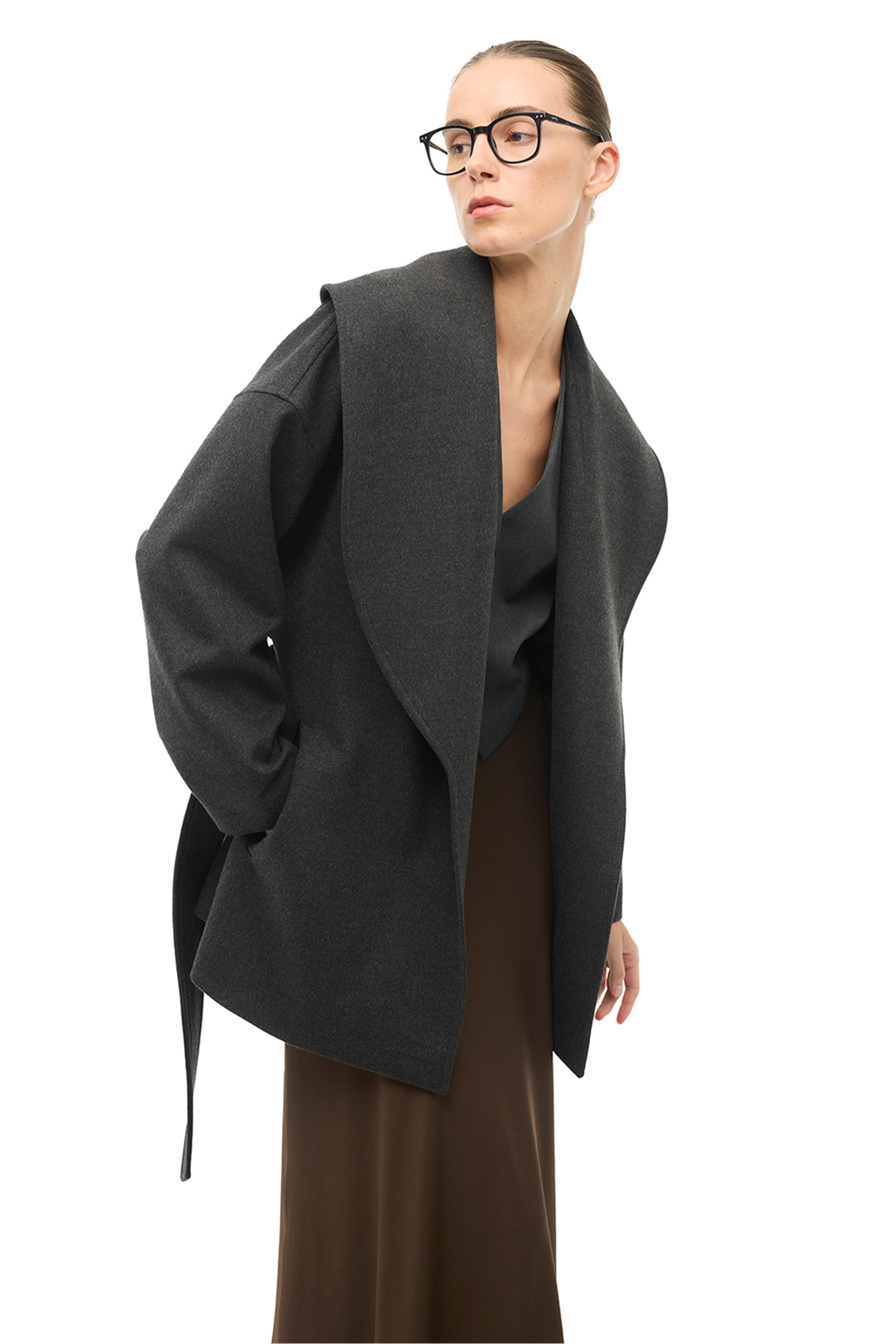 Antrasit Şal Yaka Kuşaklı Kaban