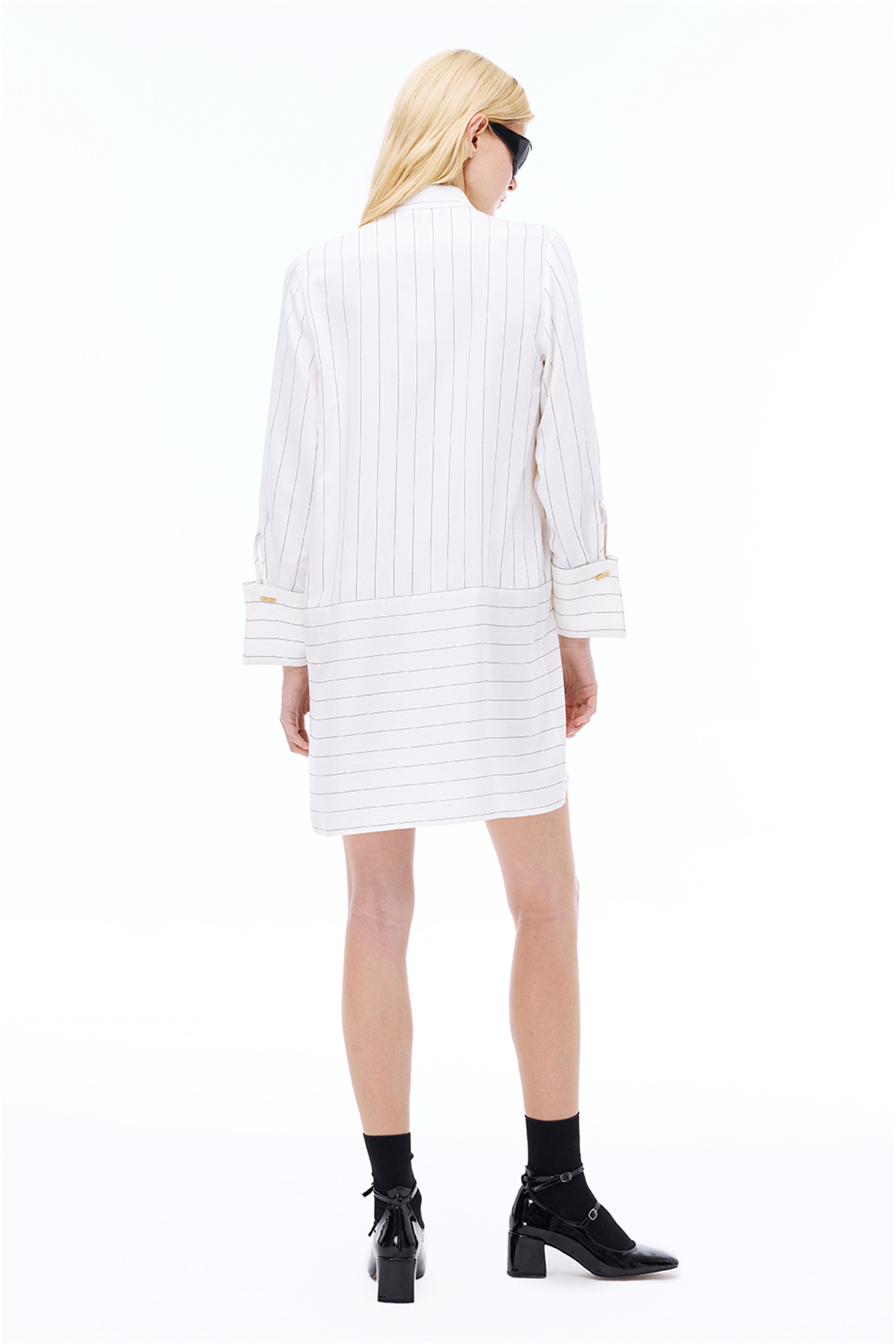 Aponias Rahat Kalıp Çizgili Desen Diz Üstü Takma Kol Gömlek Yaka Ekru Elbise