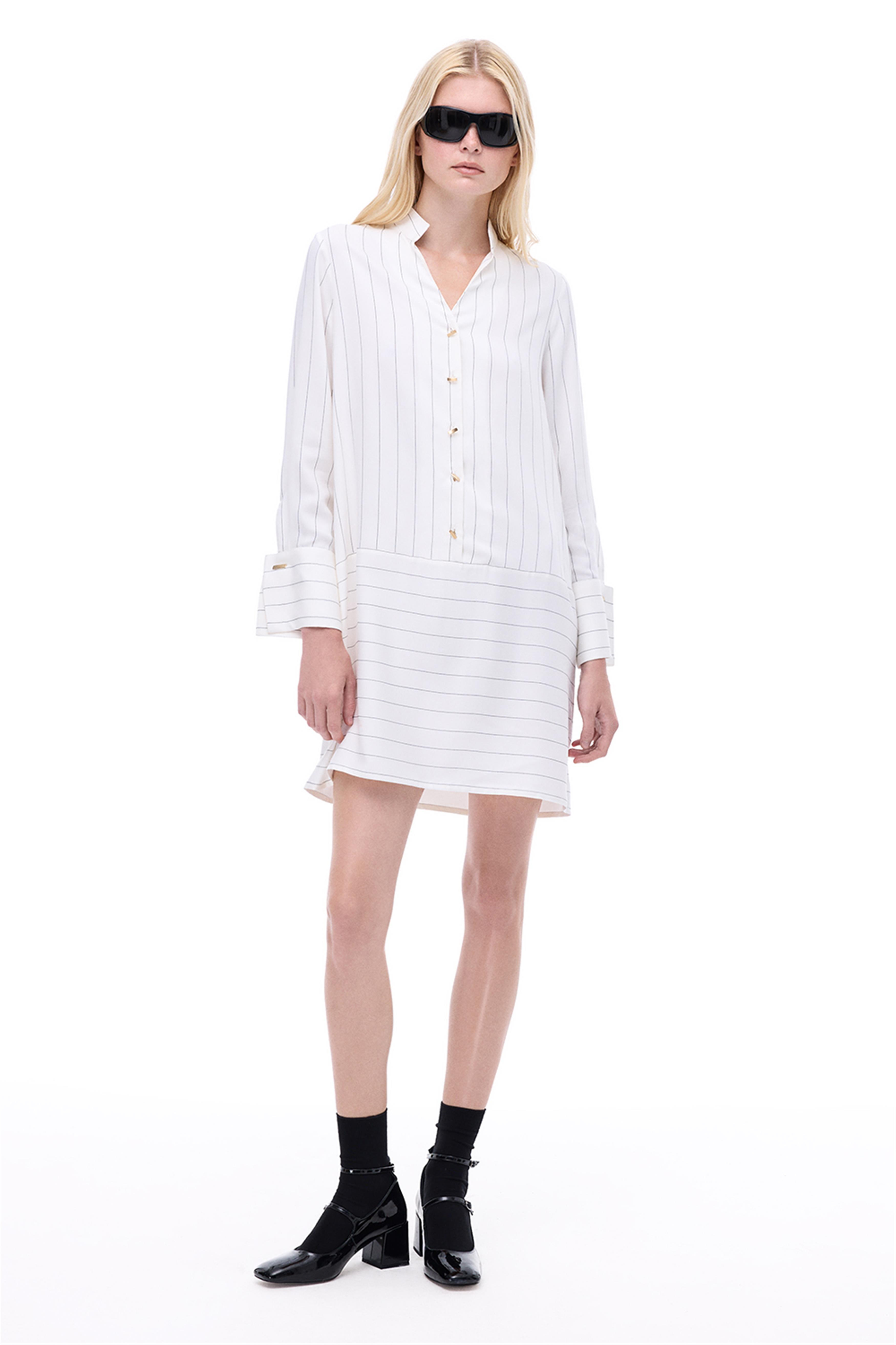 Aponias Rahat Kalıp Çizgili Desen Diz Üstü Takma Kol Gömlek Yaka Ekru Elbise