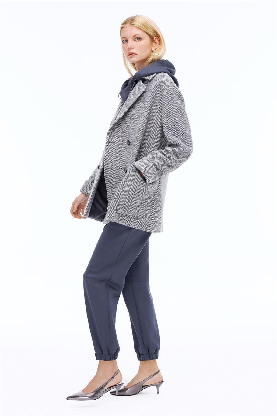 Ardens Regular Fit Kısa Boy Takma Kol Erkek Yaka Gri ekru Kaban