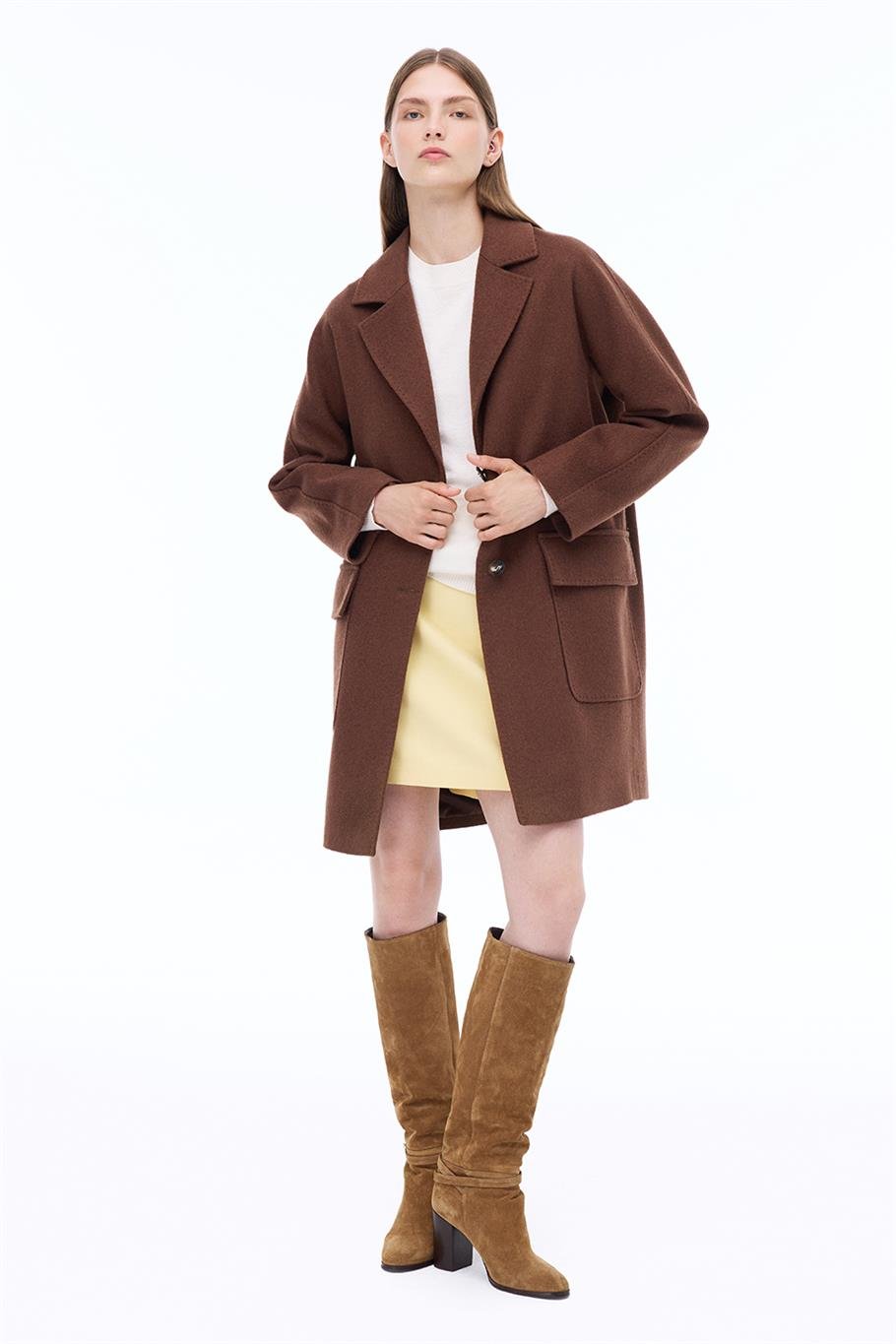 Arlines Rahat Kalıp Takma Kol Erkek Yaka Kahverengi Renk Kadın Kaban