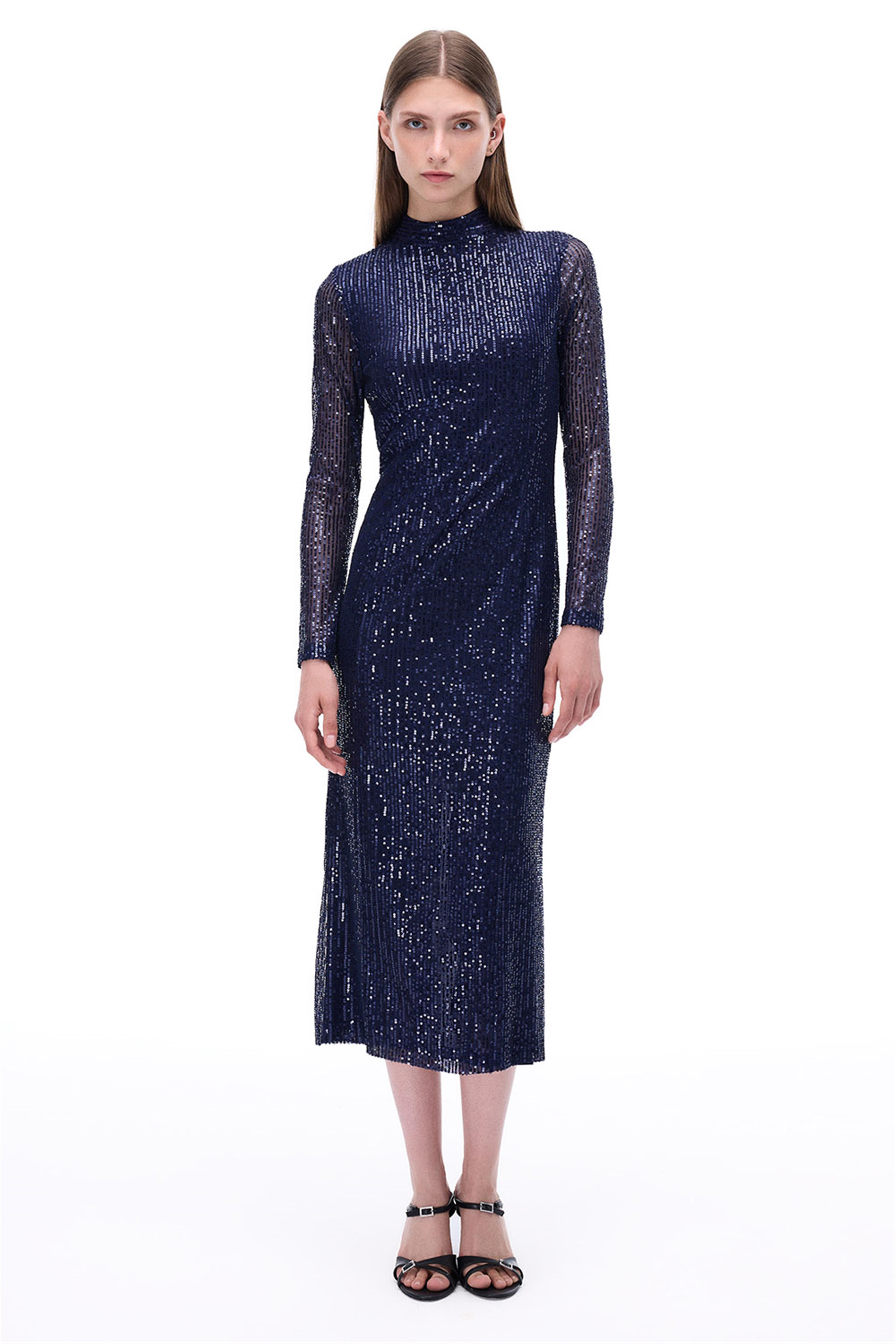 Arlins Regular Fit Bilek Boy Takma Kol Balıkçı Yaka Lacivert Elbise