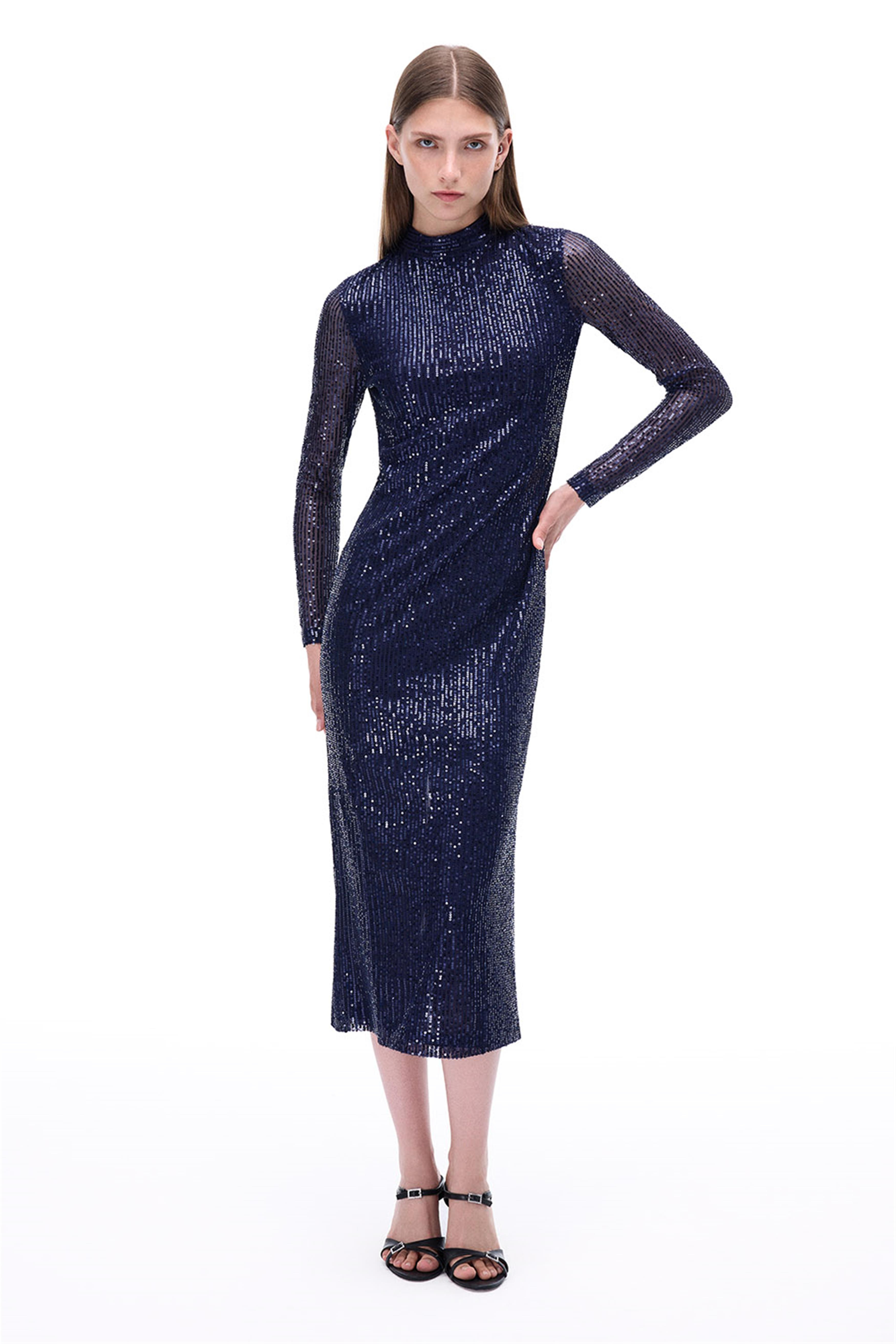 Arlins Regular Fit Bilek Boy Takma Kol Balıkçı Yaka Lacivert Elbise