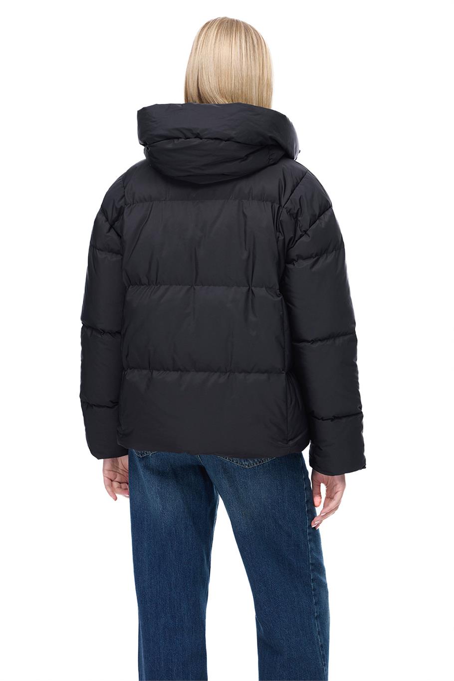 Awans Rahat Kalıp Kısa Boy Düşük Kollu Kapüşonlu Siyah Mont