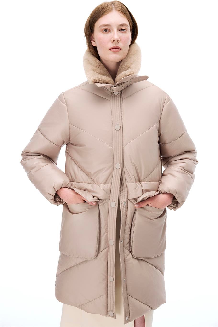 Awans Regular Fit Diz Boy Takma Kol Gömlek Yaka Acık deve tuyu Mont