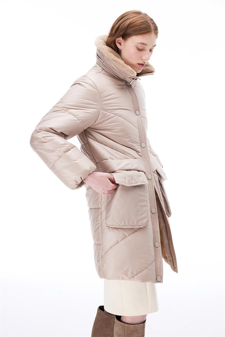 Awans Regular Fit Diz Boy Takma Kol Gömlek Yaka Acık deve tuyu Mont