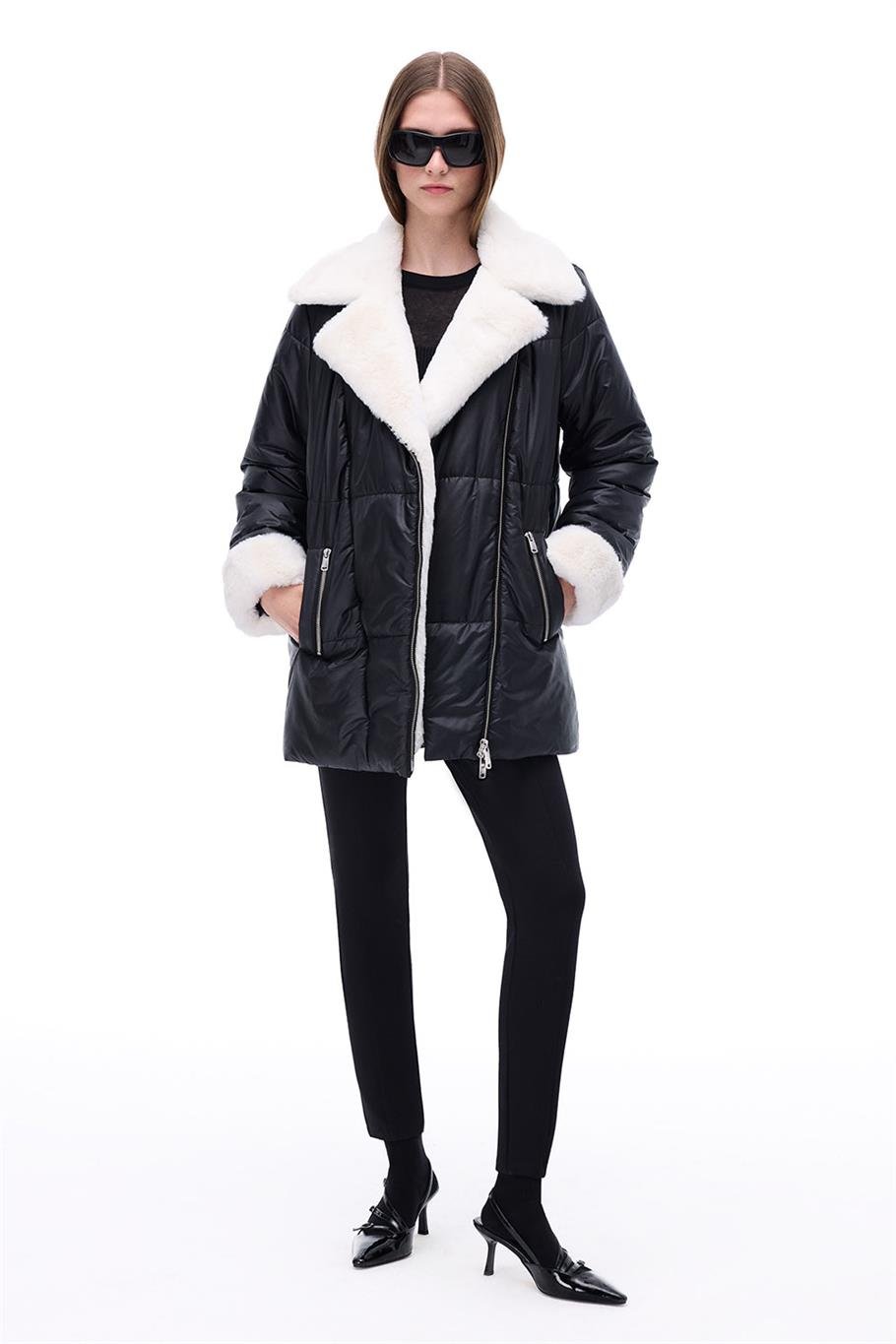 Awans Regular Fit Diz Üstü Takma Kol Gömlek Yaka Siyah Mont