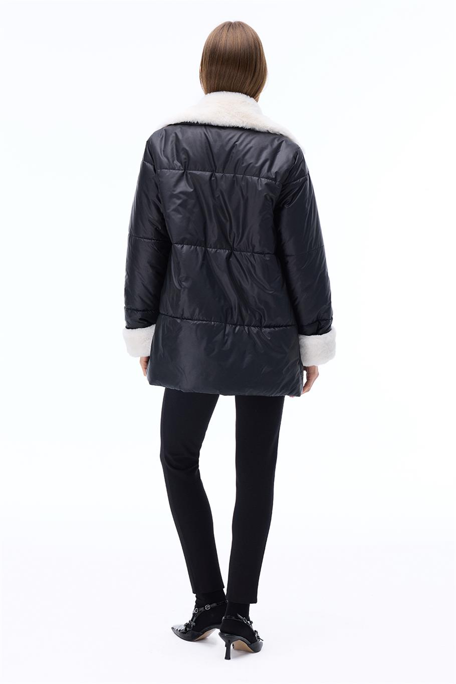 Awans Regular Fit Diz Üstü Takma Kol Gömlek Yaka Siyah Mont