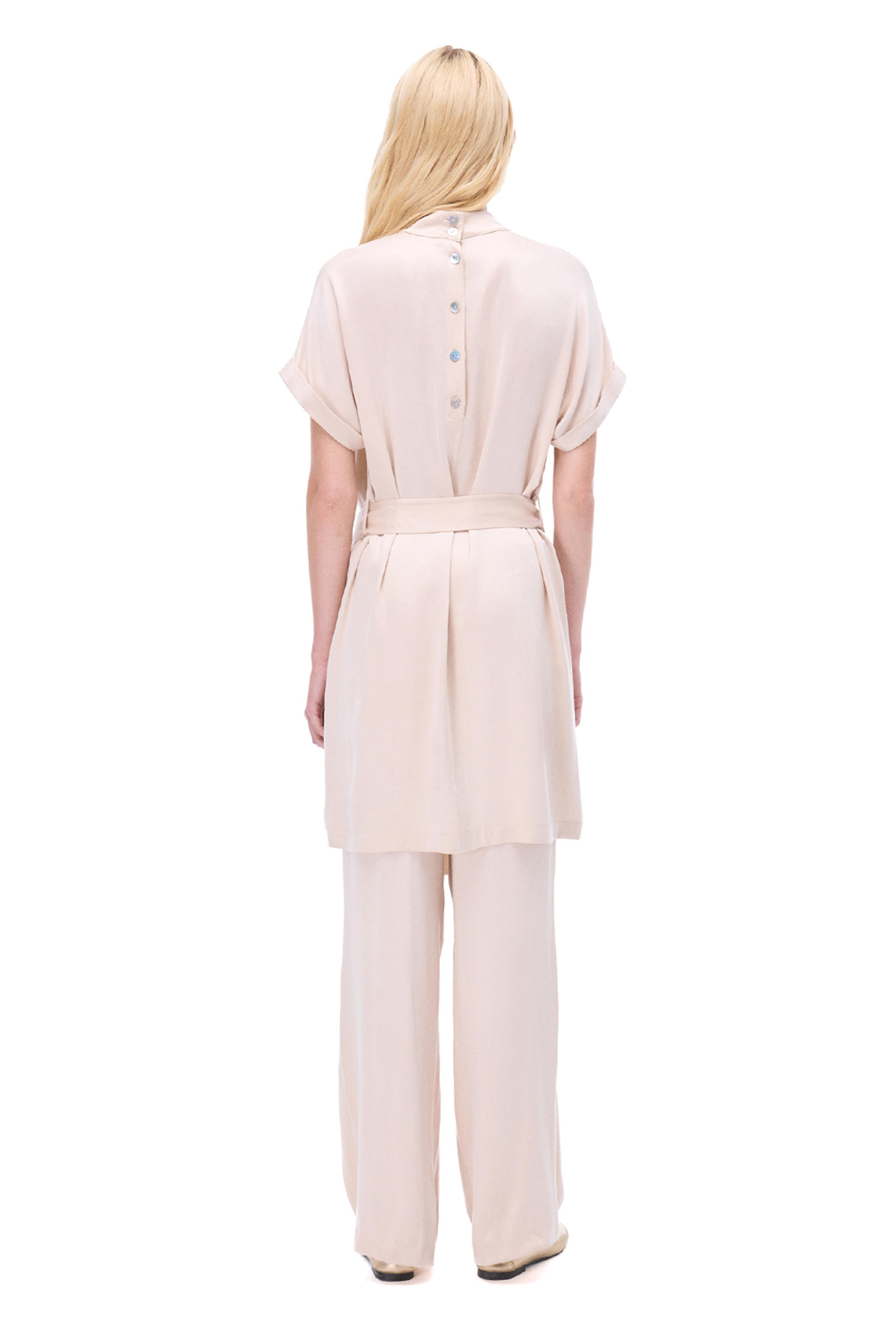 Bambuck Regular Fit Diz Üstü Düşük Kollu Yarım Dik Yaka Bej Renk Elbise