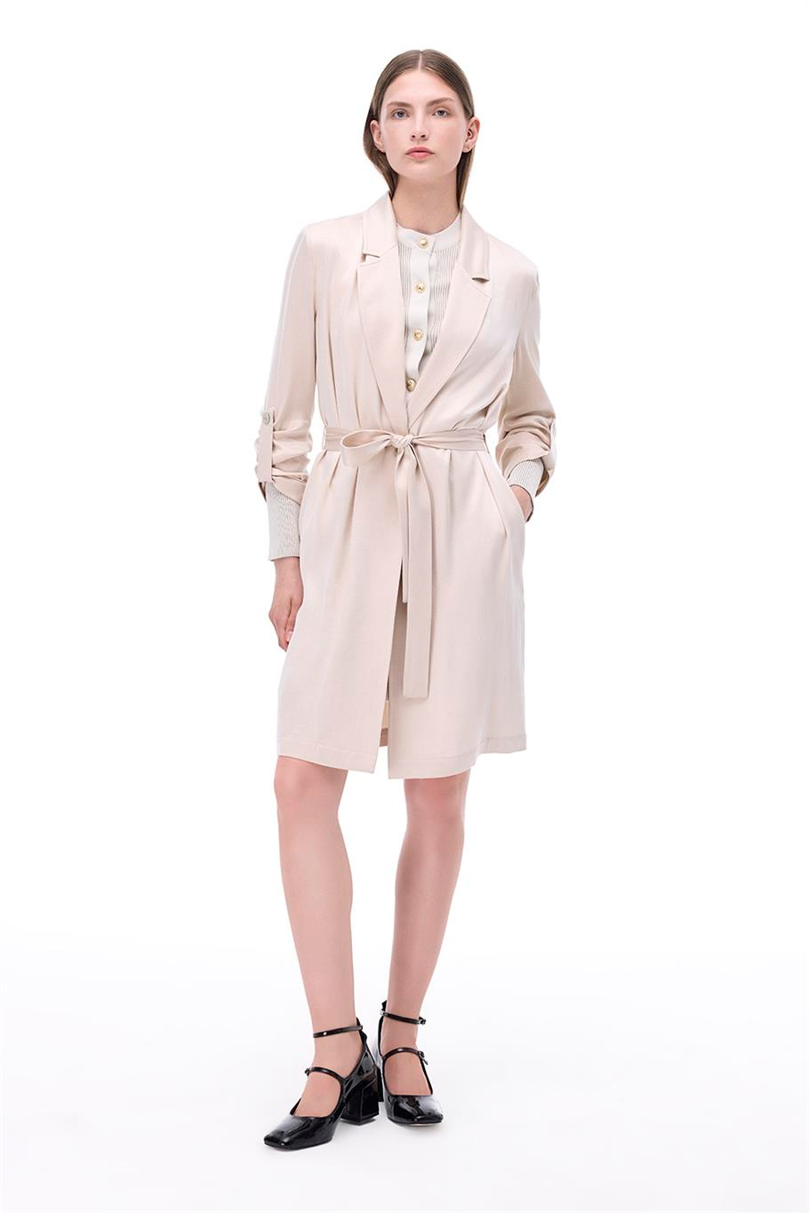 Bambuck Regular Fit Diz Üstü Düşük Kollu Ceket Yaka Bej Renk Trenckot