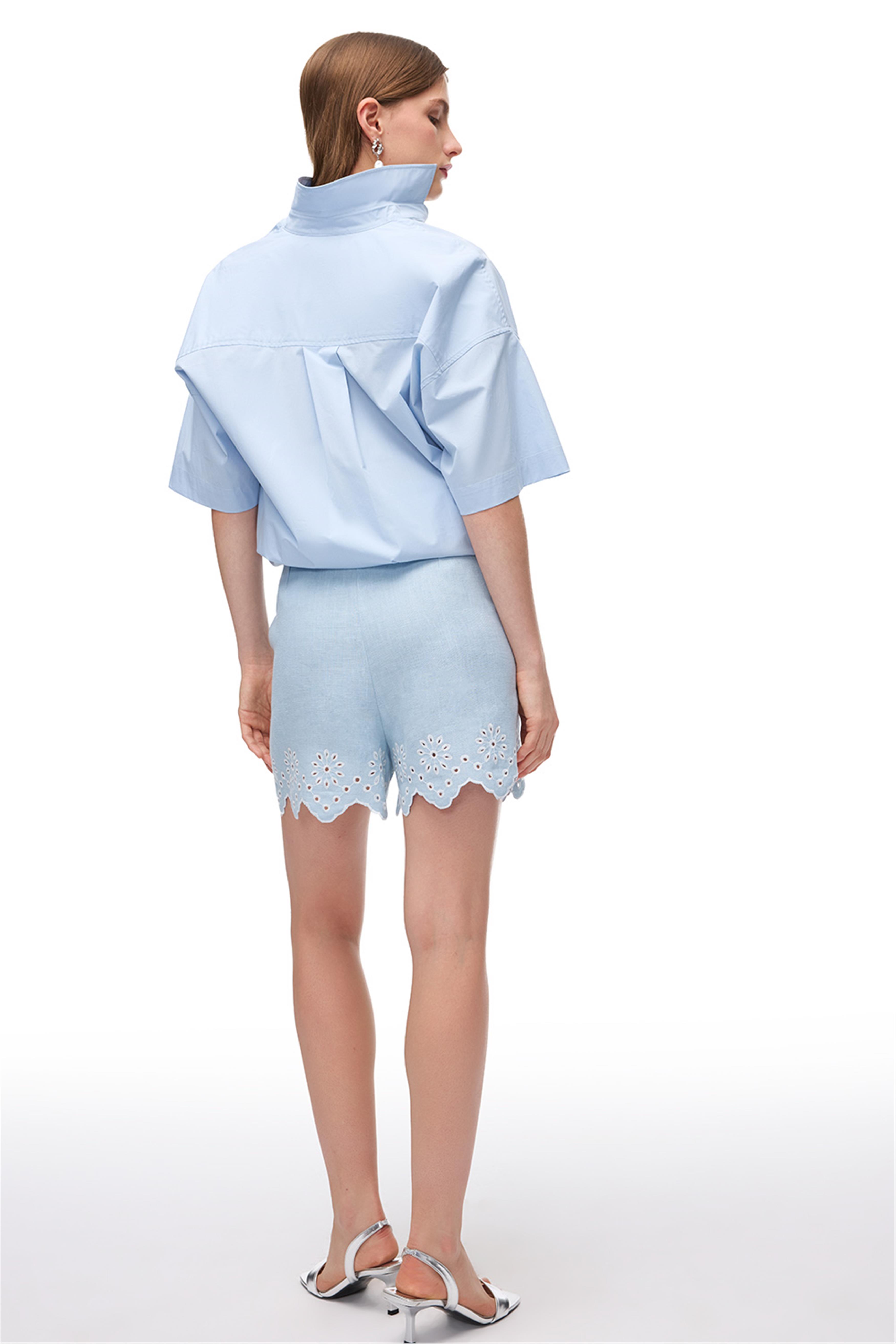 Bebe Mavisi Keten İşlemeli Oversize Şort