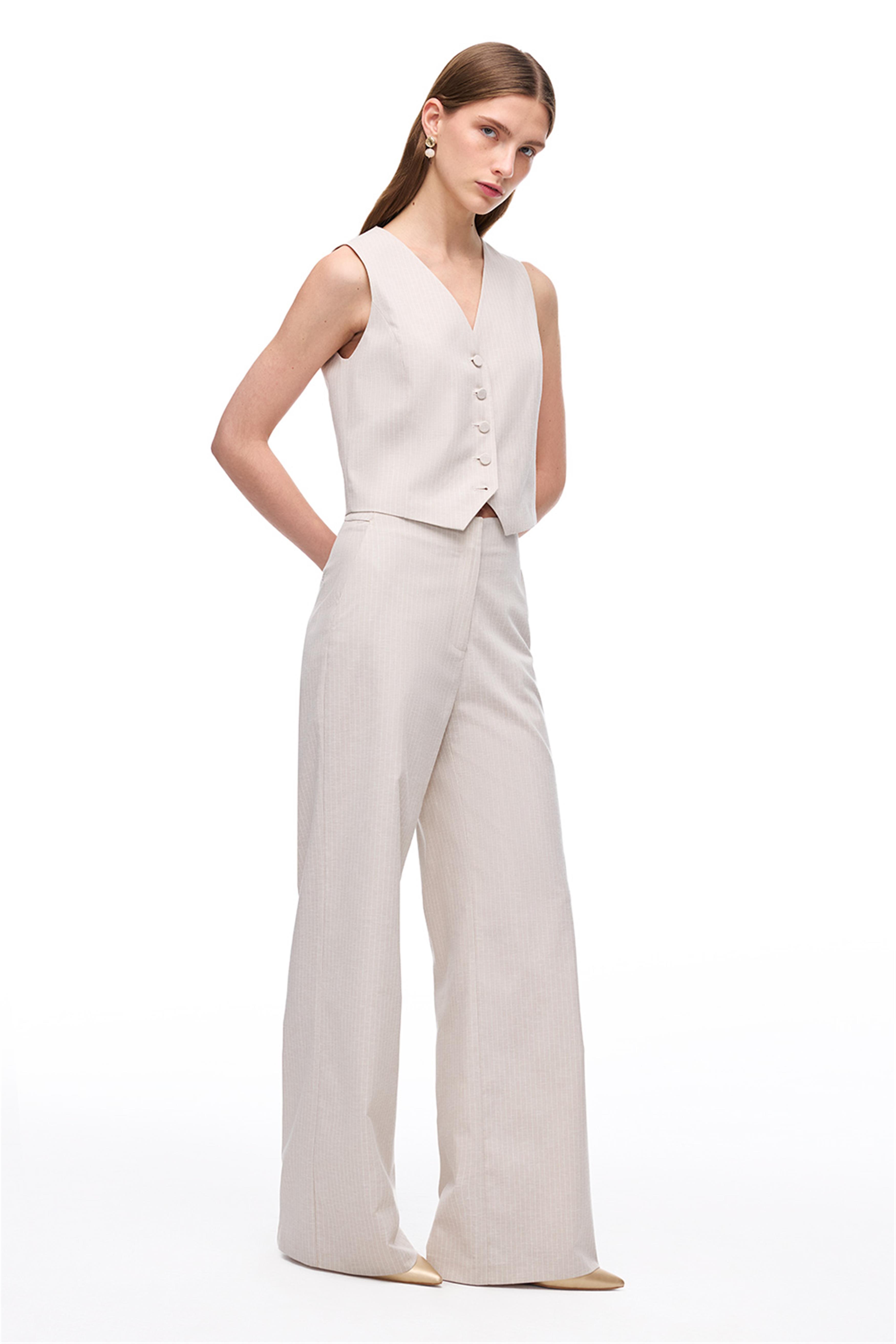 Bej Çizgili Geniş Paça Pantolon