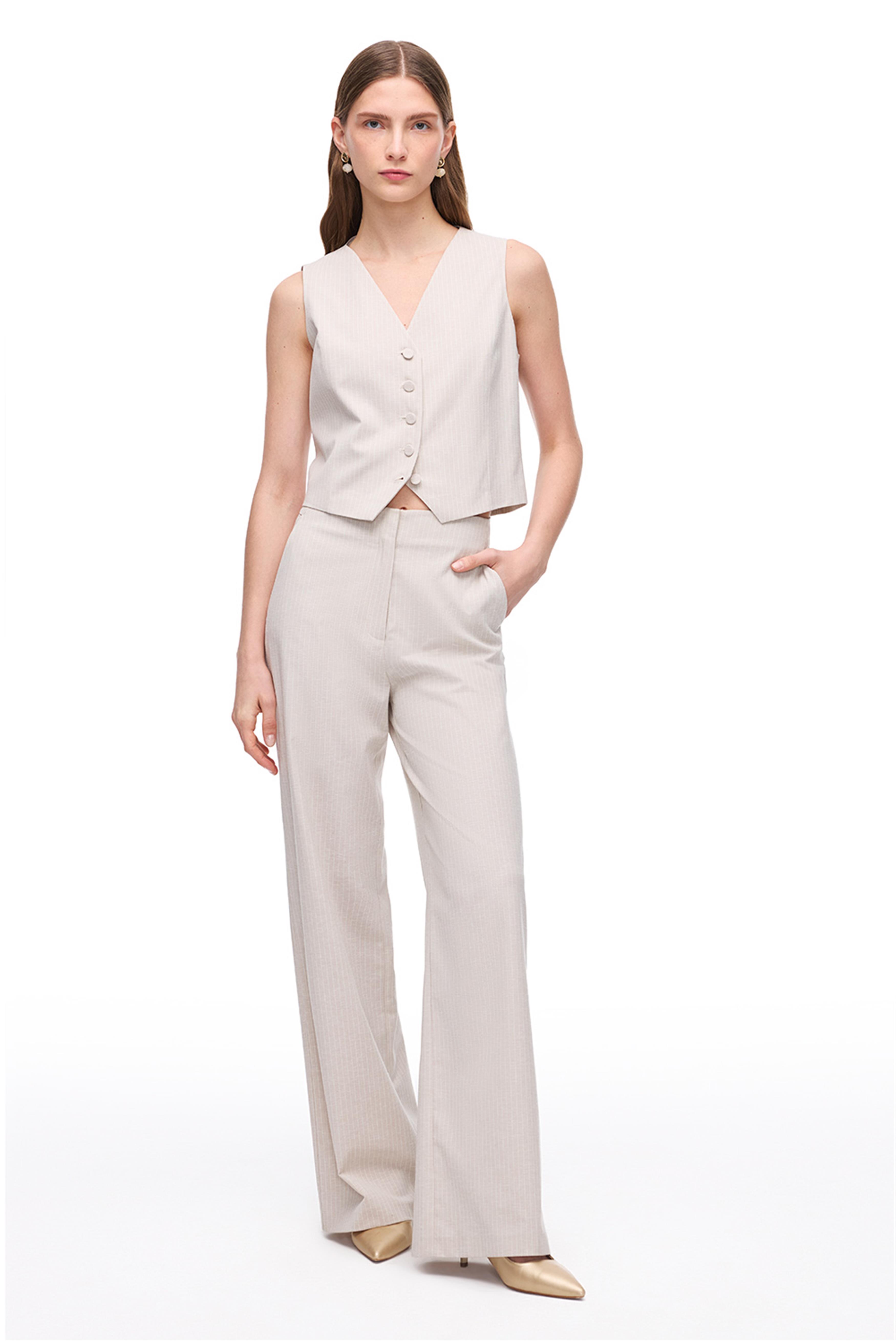 Bej Çizgili Geniş Paça Pantolon