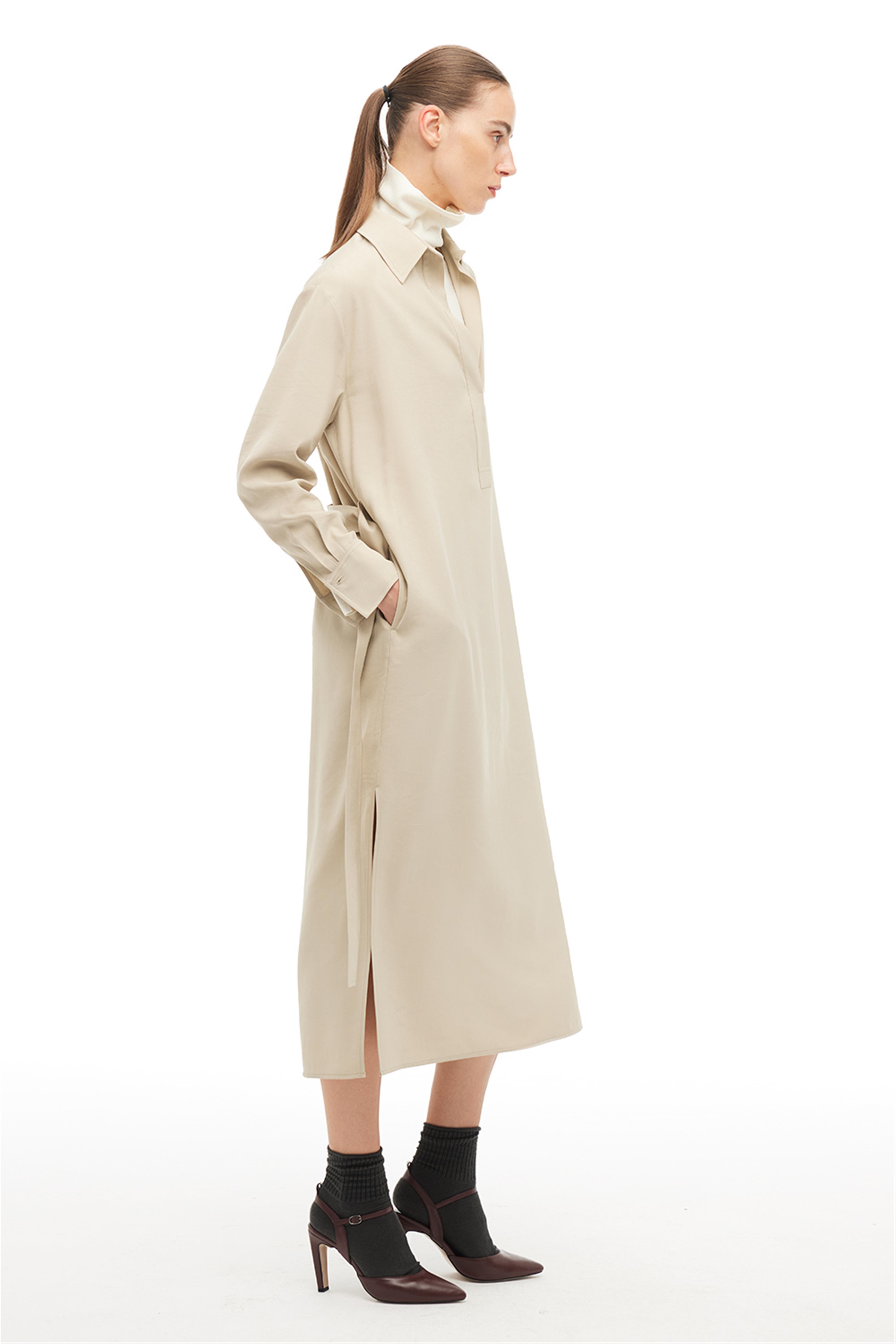 Bej Gömlek Yaka Midi Elbise