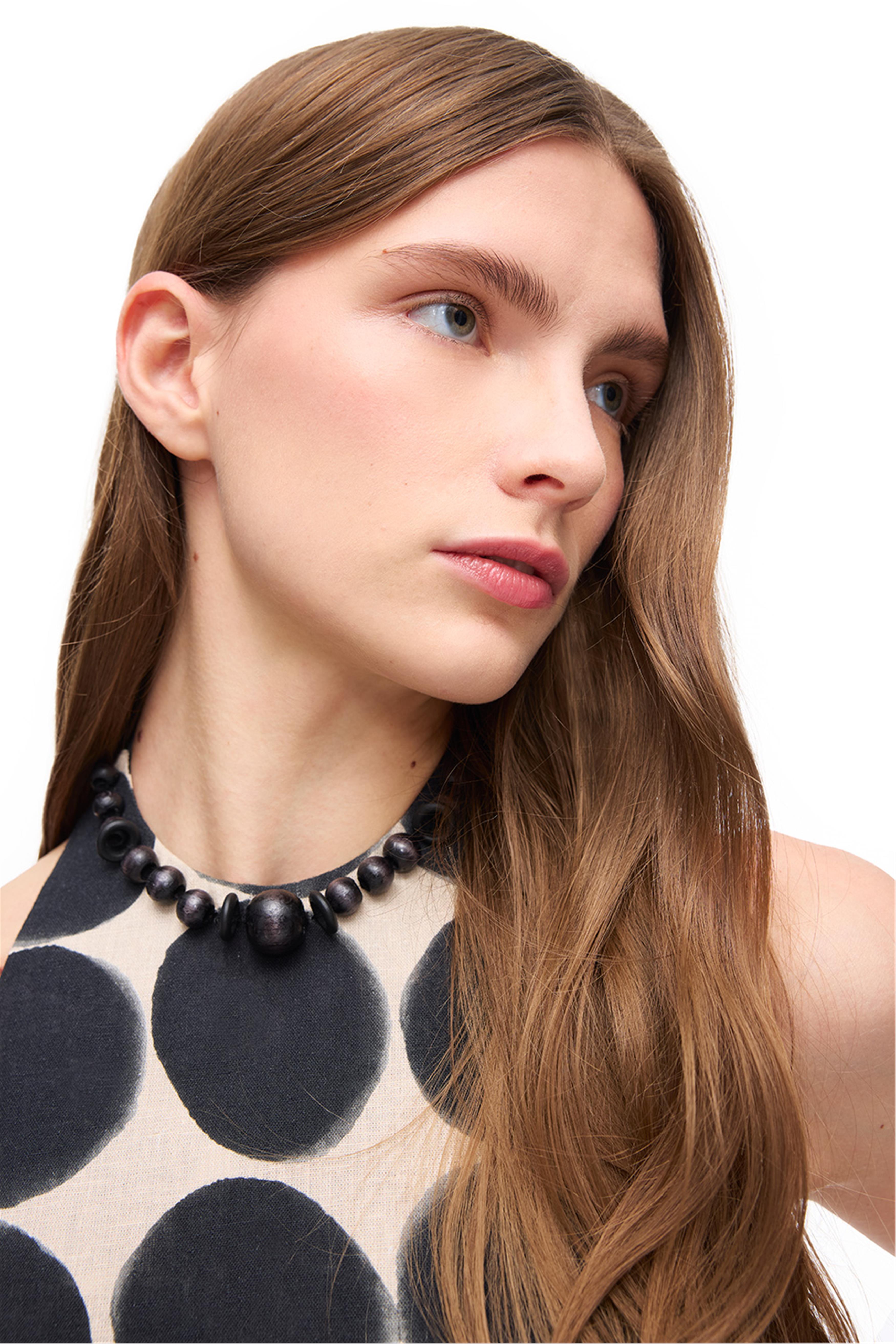 Bej Siyah Bağlamalı Yaka Keten Midi Elbise