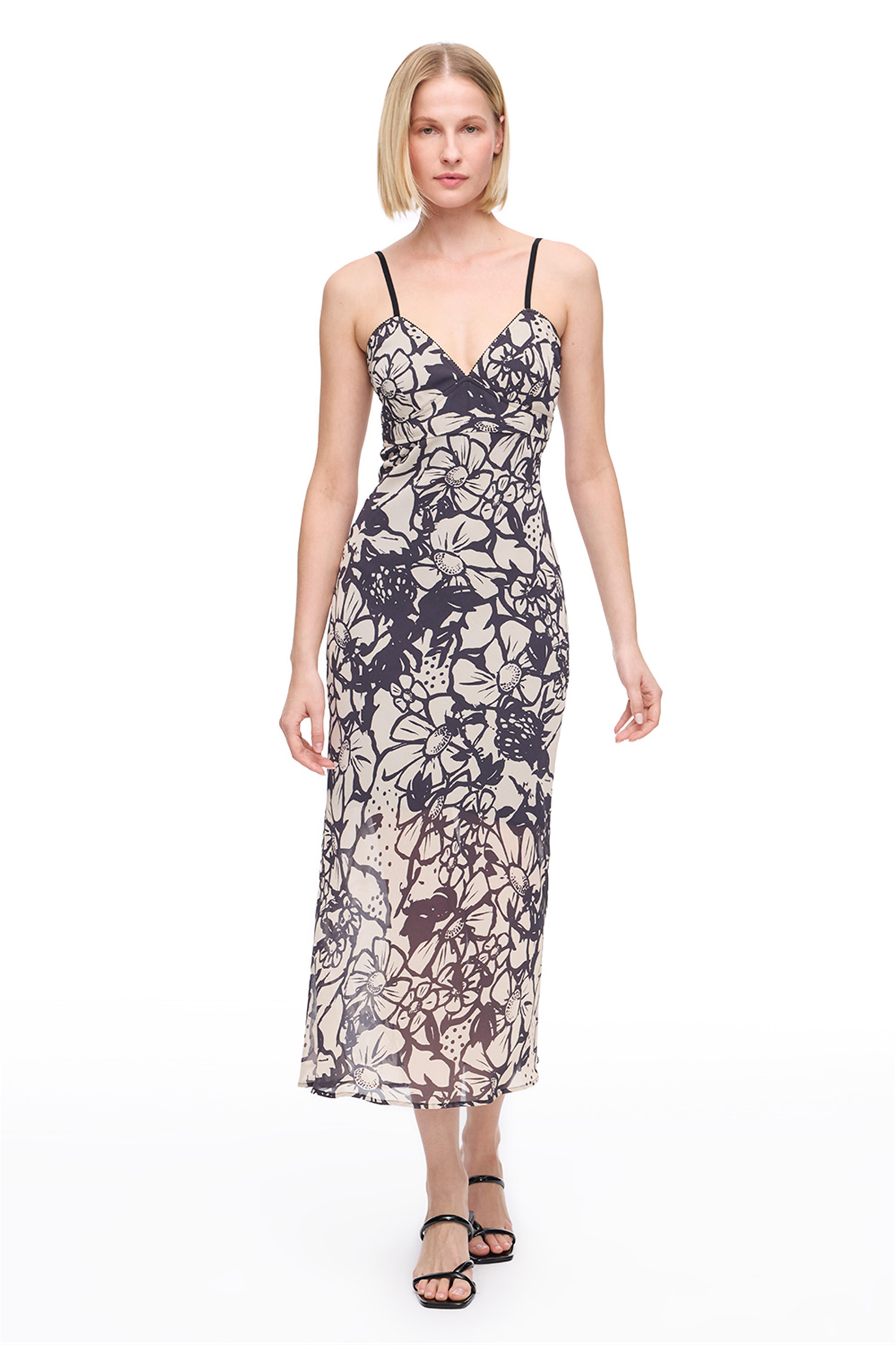 Bej Siyah Çiçek Desenli Maxi Elbise