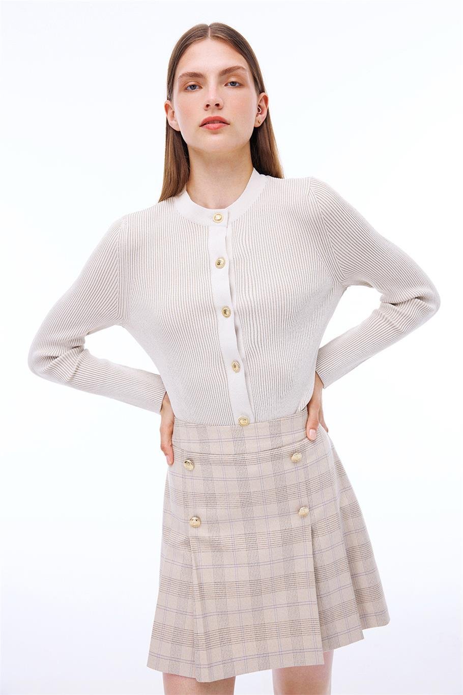 Bej Triko Slim Fit Bisiklet Yaka Triko Hırka