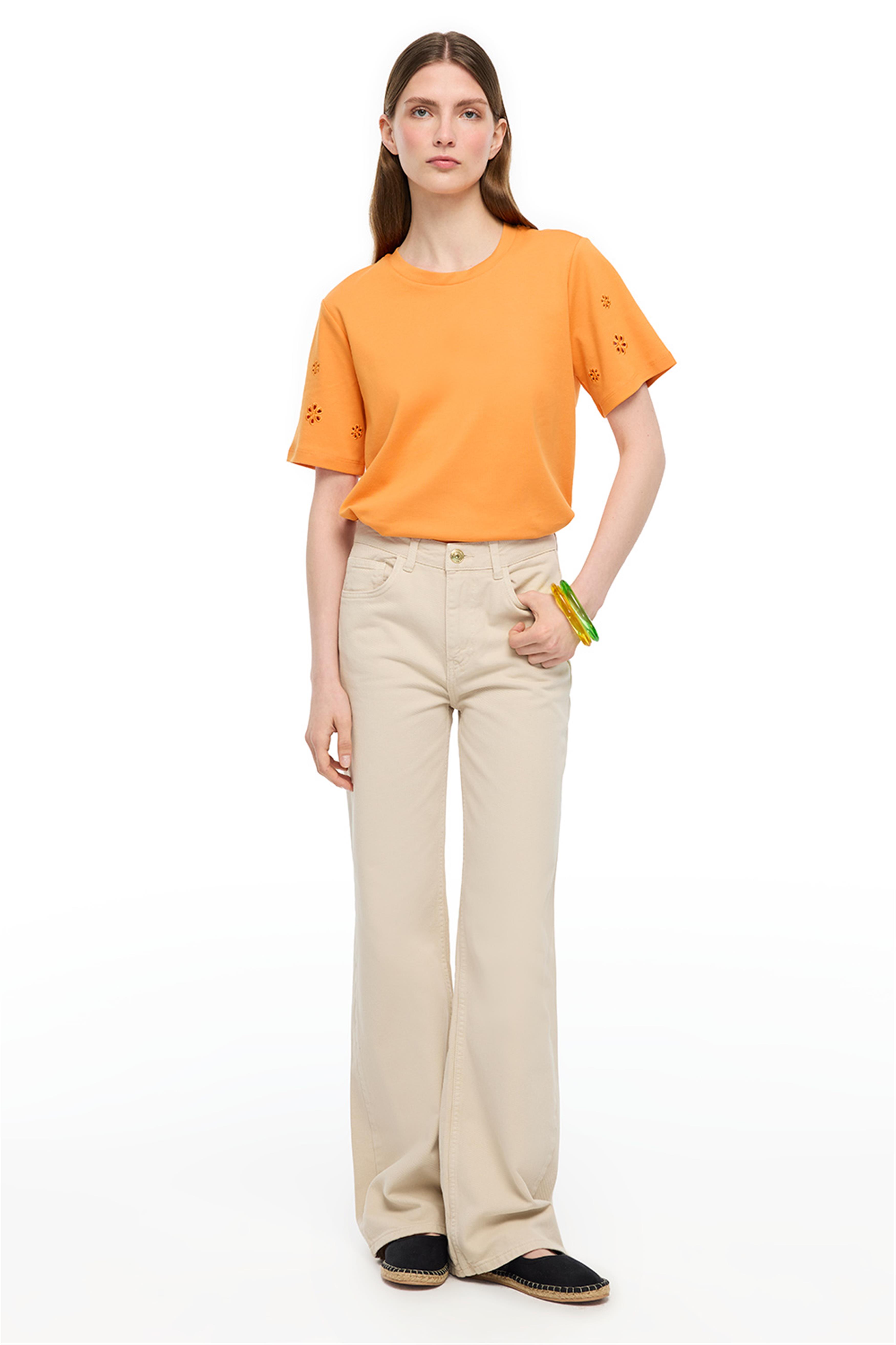 Bej Yüksek Bel Geniş Paça Denim Pantolon