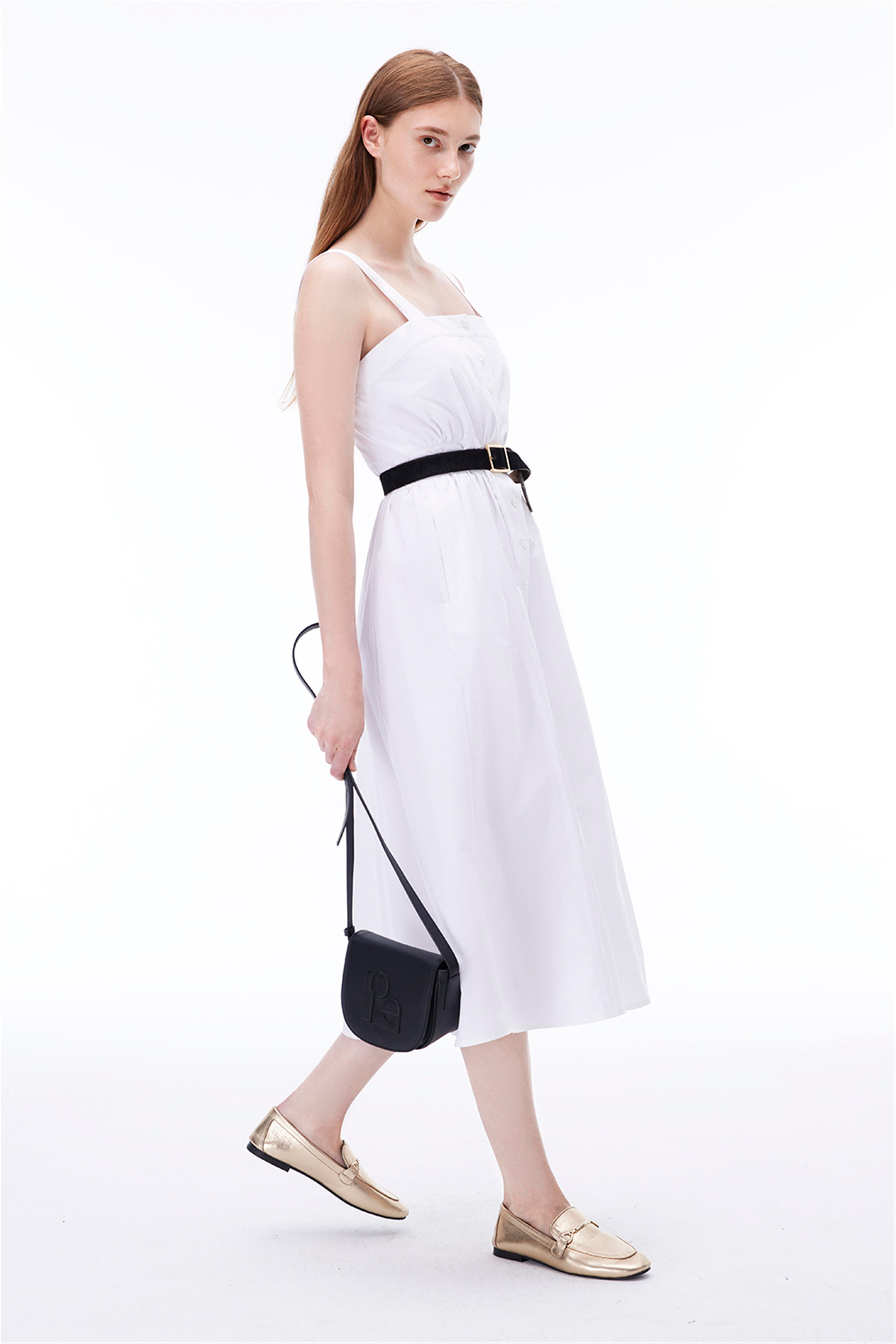 Beyaz %100 Pamuk Askılı Midi Elbise