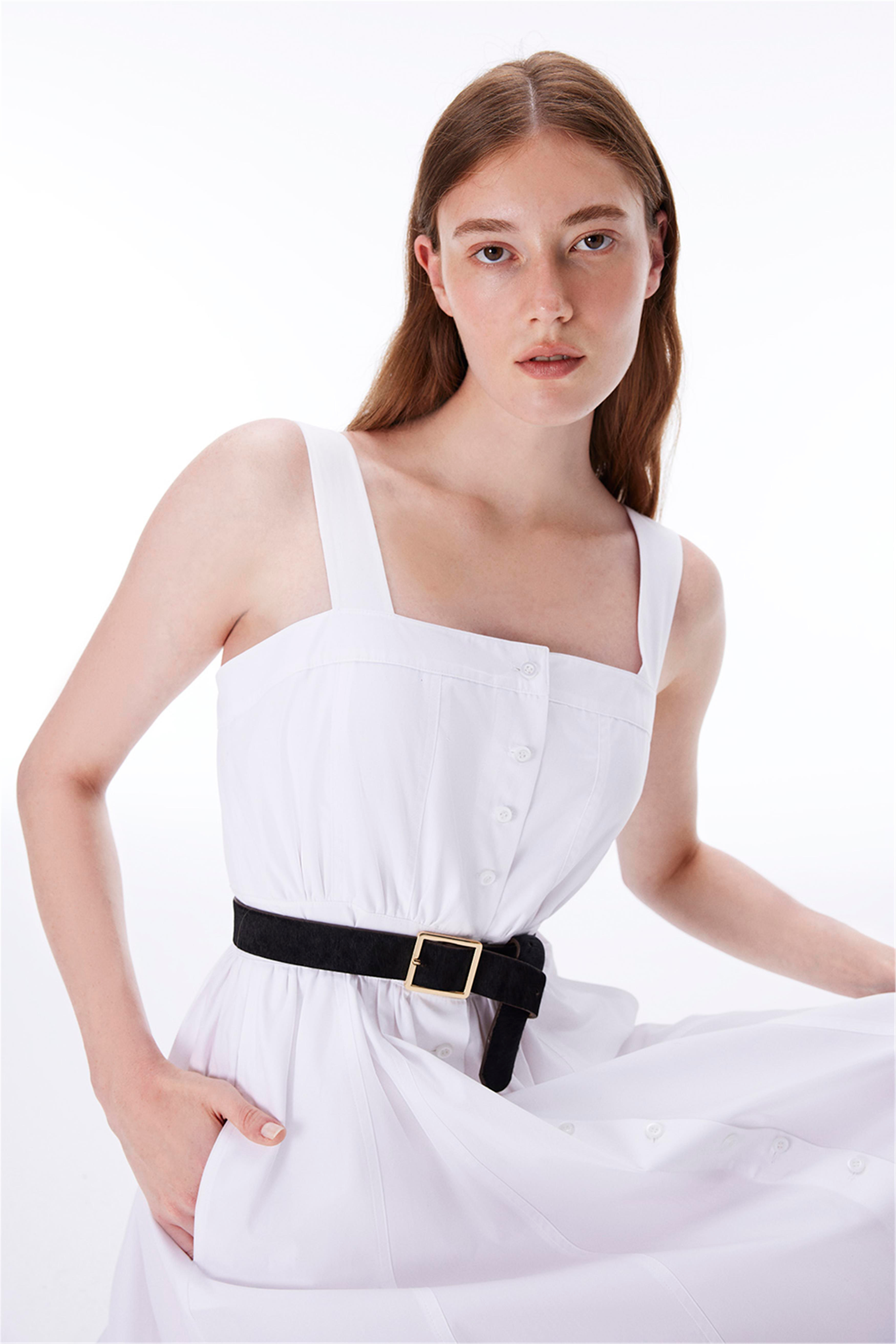 Beyaz %100 Pamuk Askılı Midi Elbise