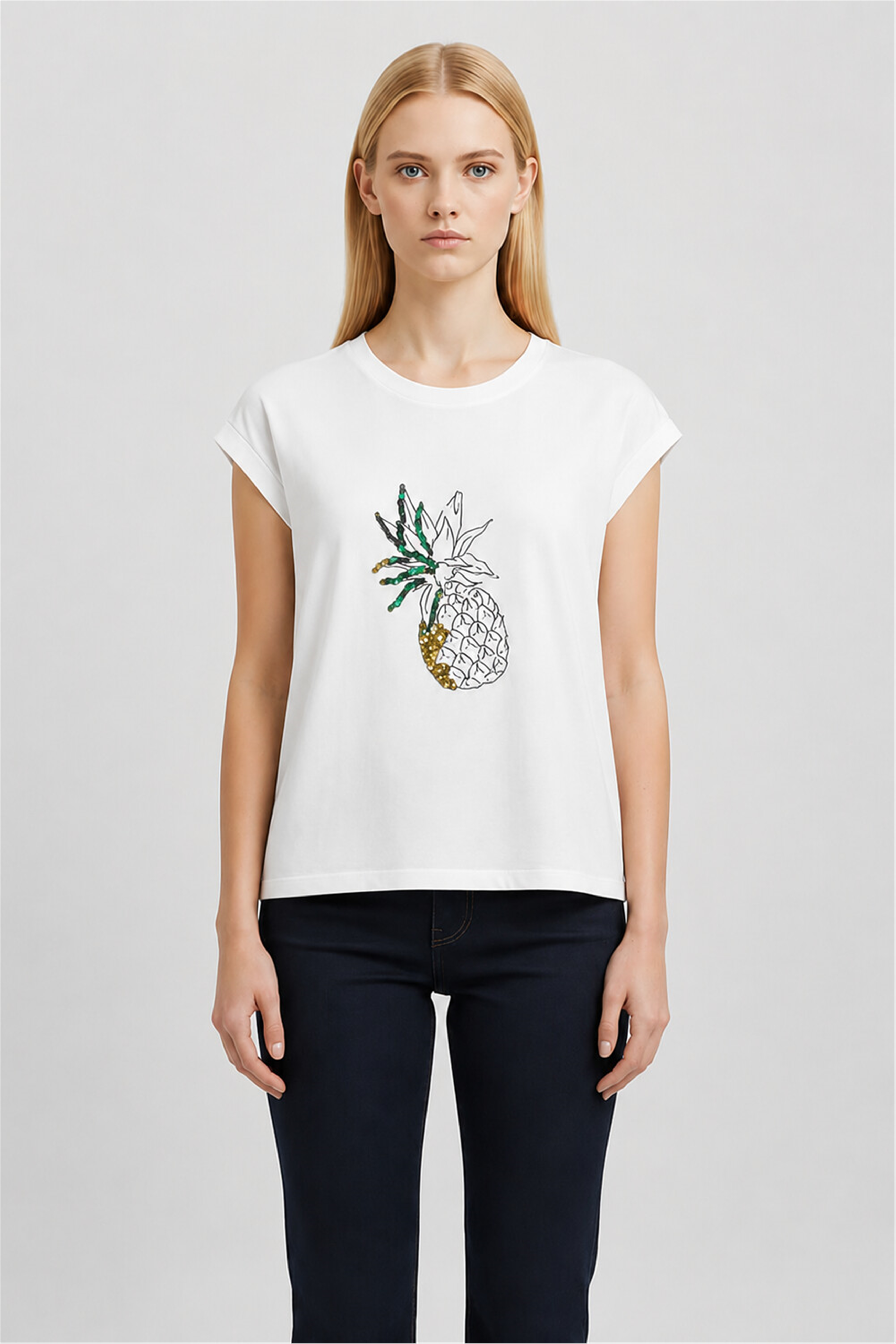 Beyaz Ananas Baskılı Tişört