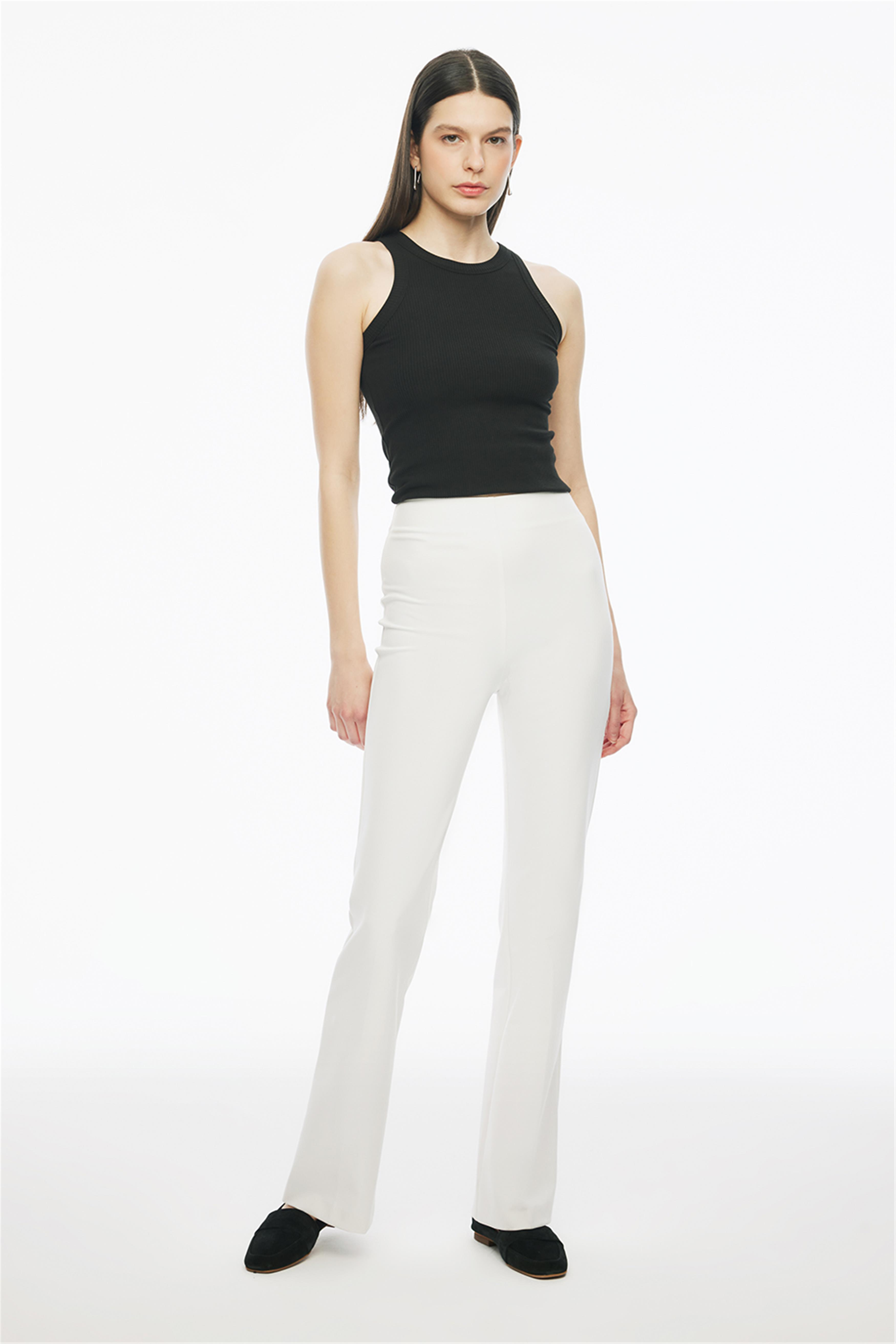 Beyaz Brams Regular Fit Yüksek Bel Pantolon