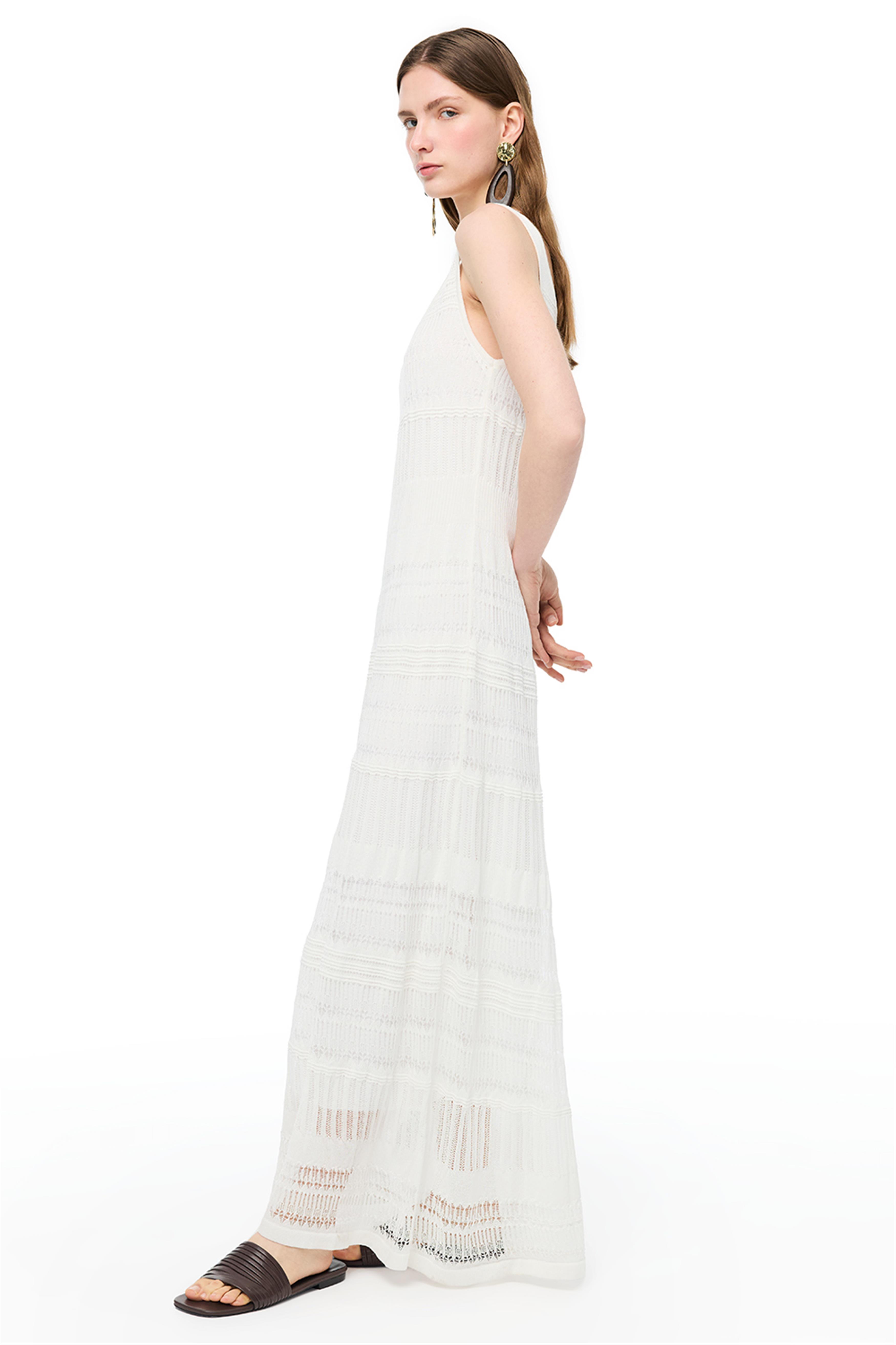 Beyaz Düz Örgü Uzun Triko Elbise