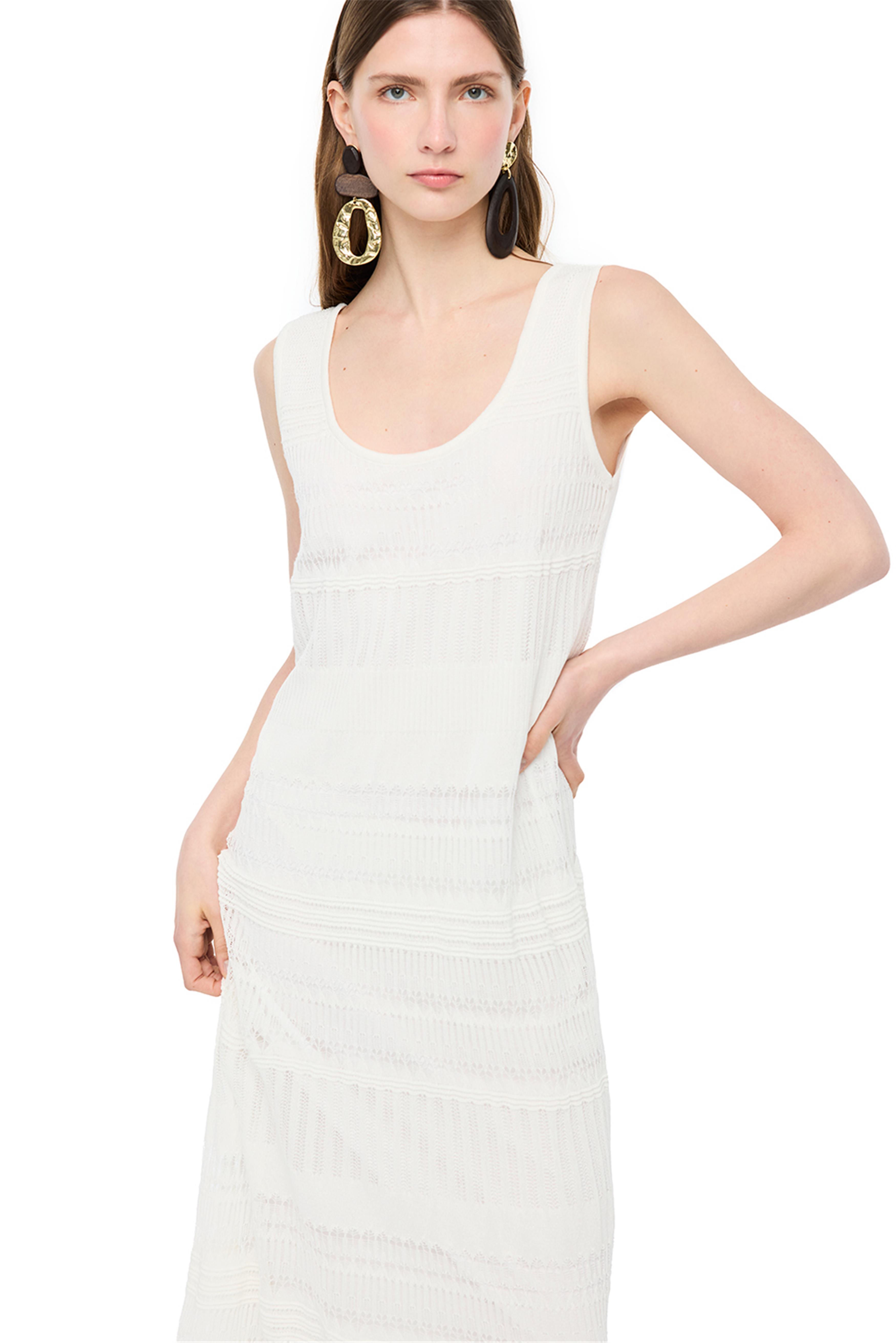 Beyaz Düz Örgü Uzun Triko Elbise