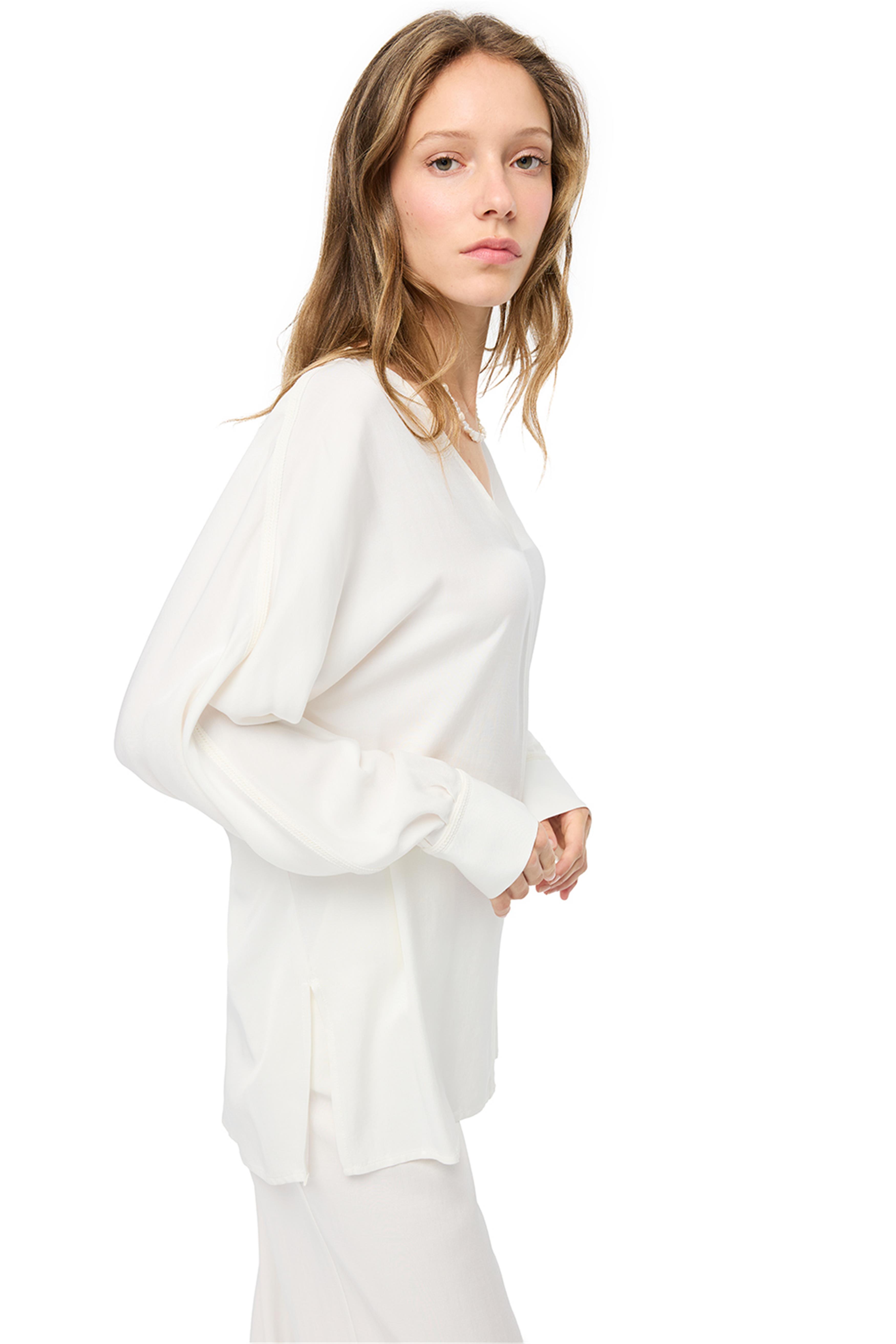 Beyaz Gömlek Yaka Uzun Kollu İpek Karışımlı Bluz