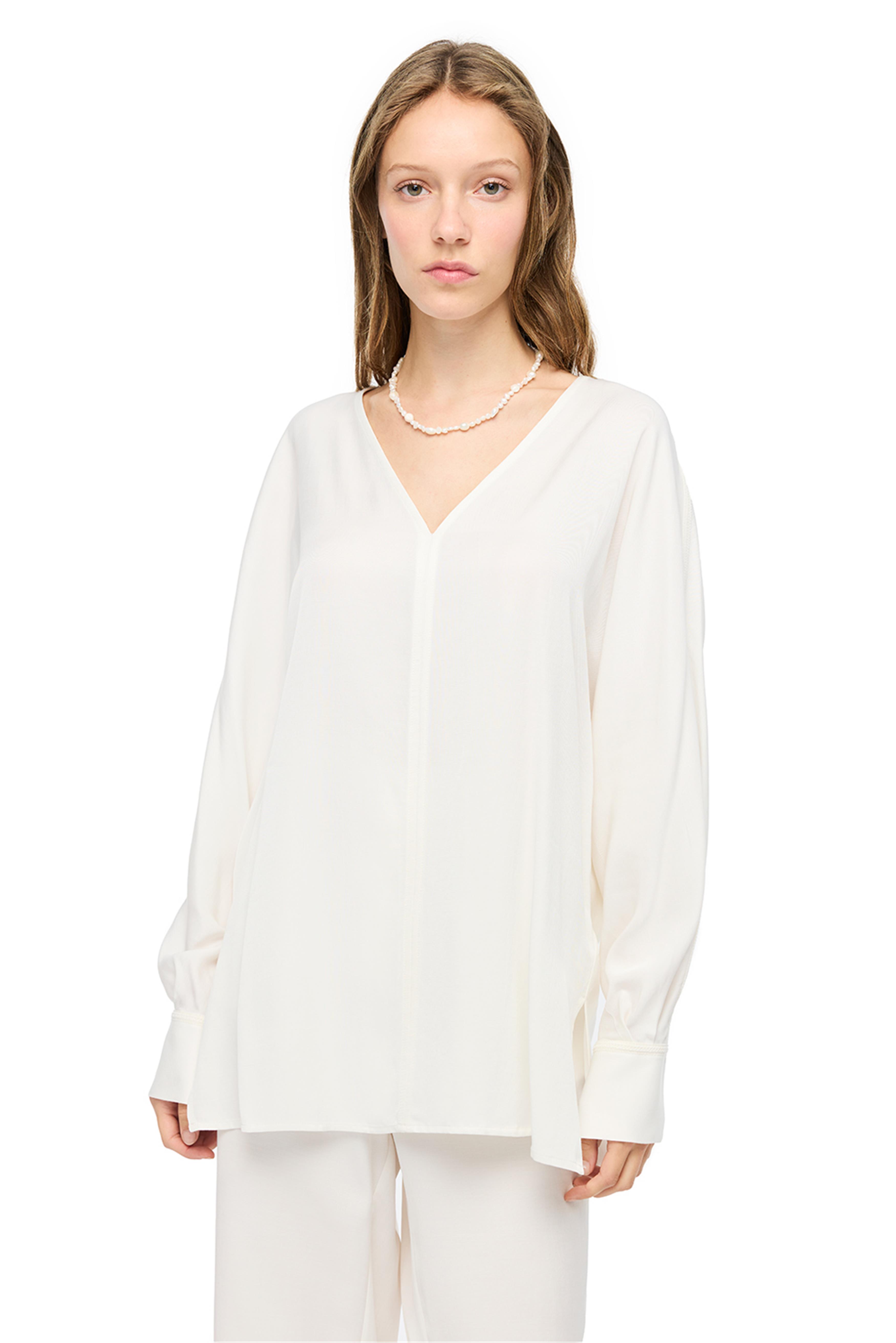 Beyaz Gömlek Yaka Uzun Kollu İpek Karışımlı Bluz