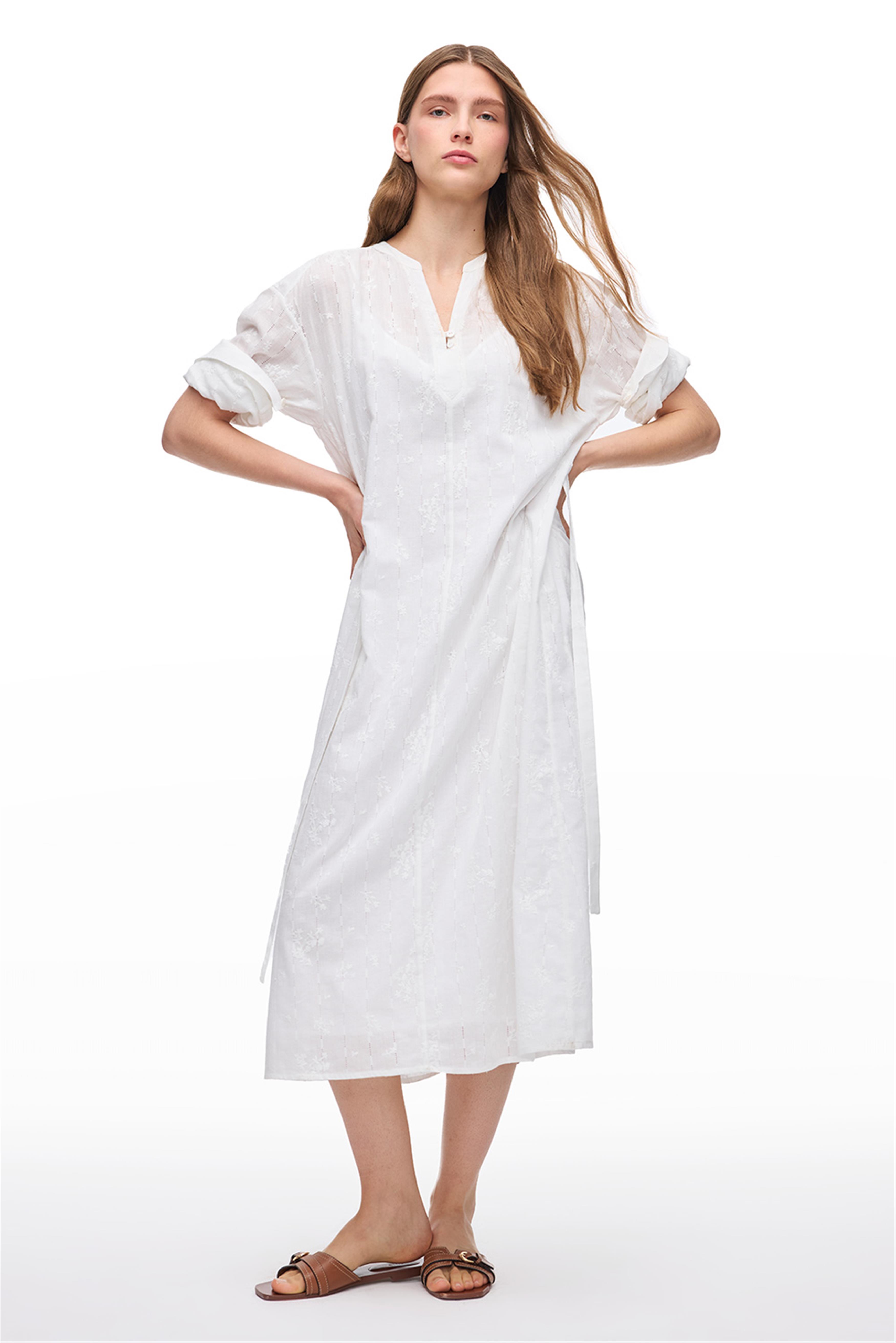 Beyaz Hakim Yaka Pamuklu Elbise