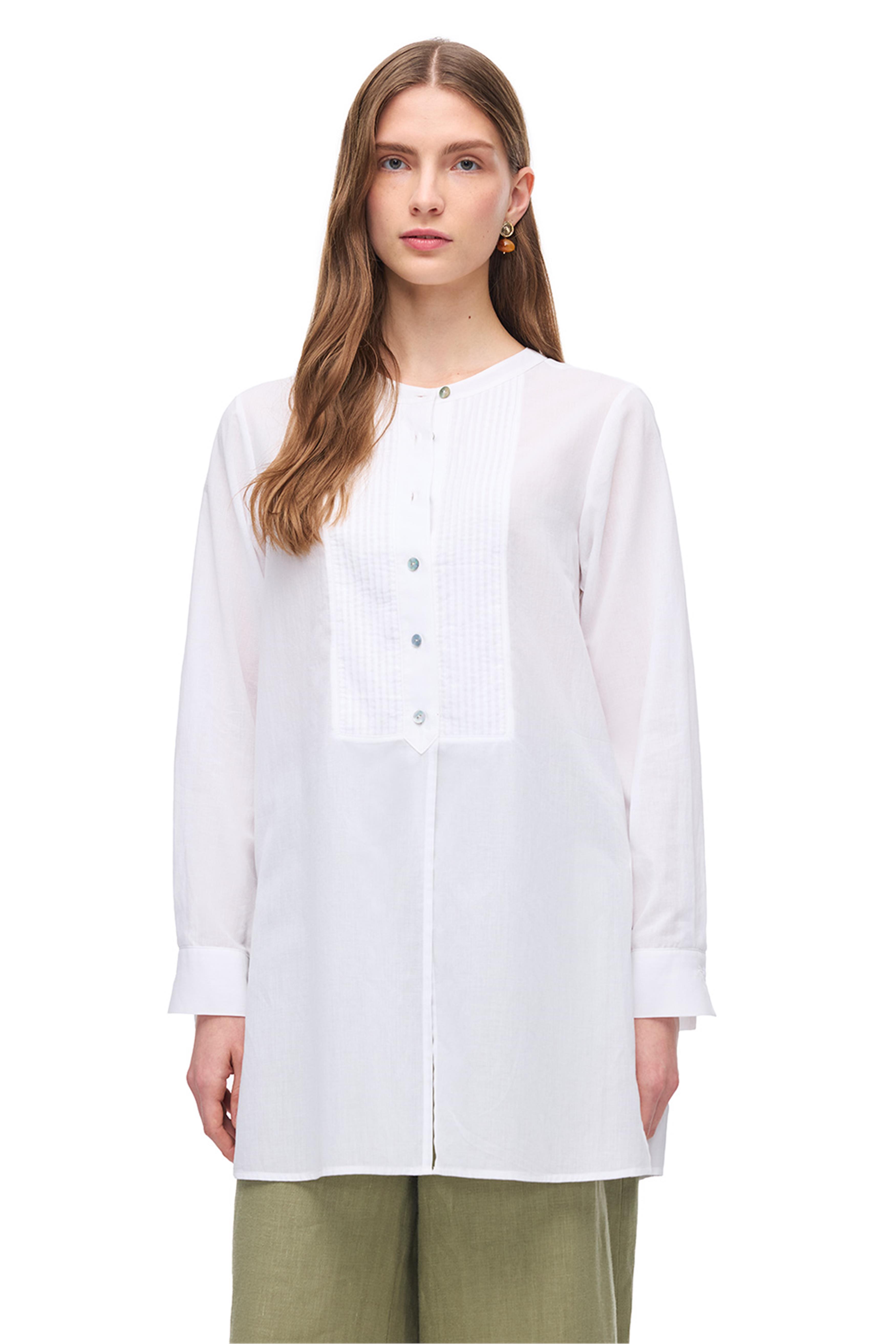 Beyaz Hakim Yaka Pamuklu Uzun Kollu Gömlek