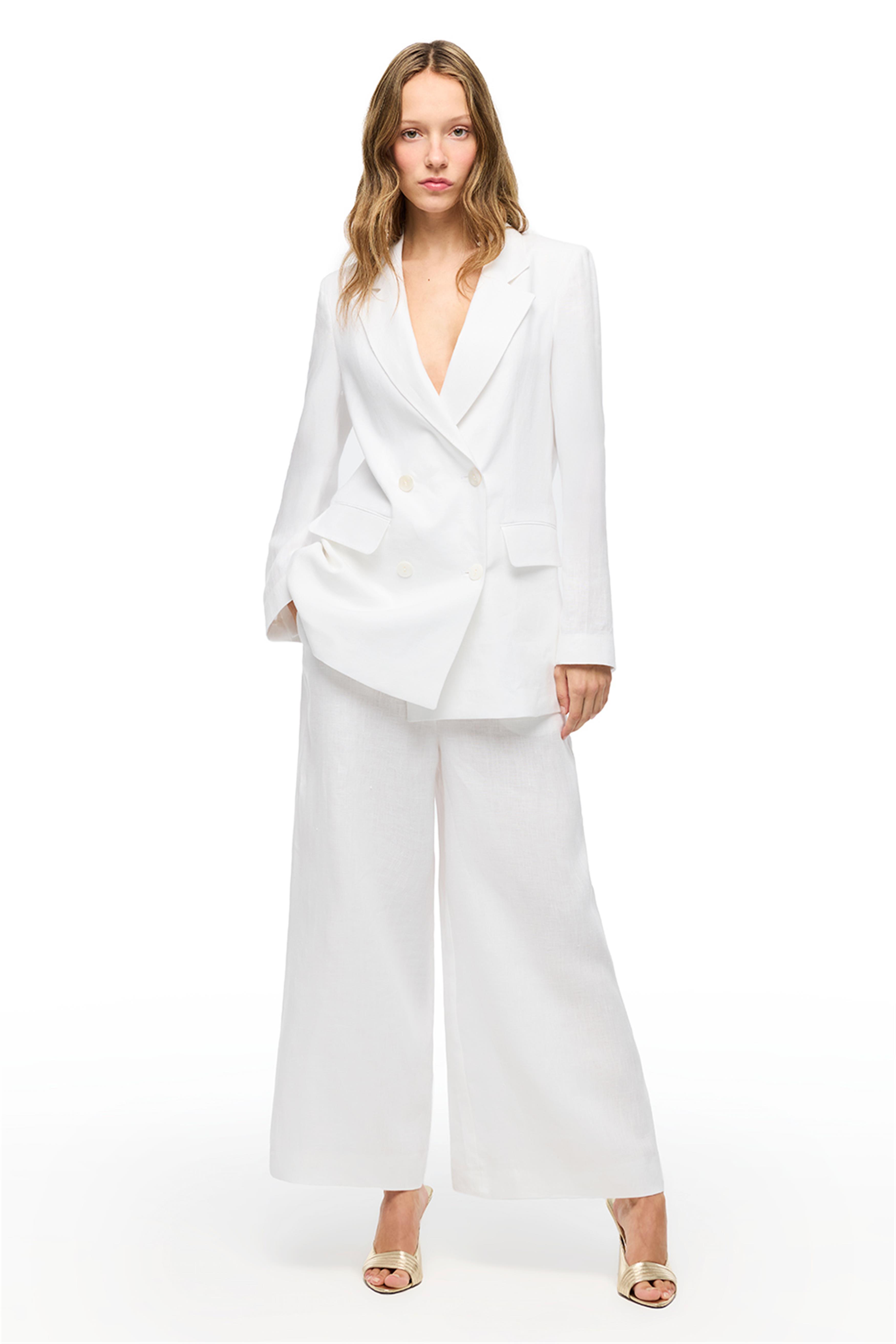 Beyaz Keten Rahat Kalıp Pantolon