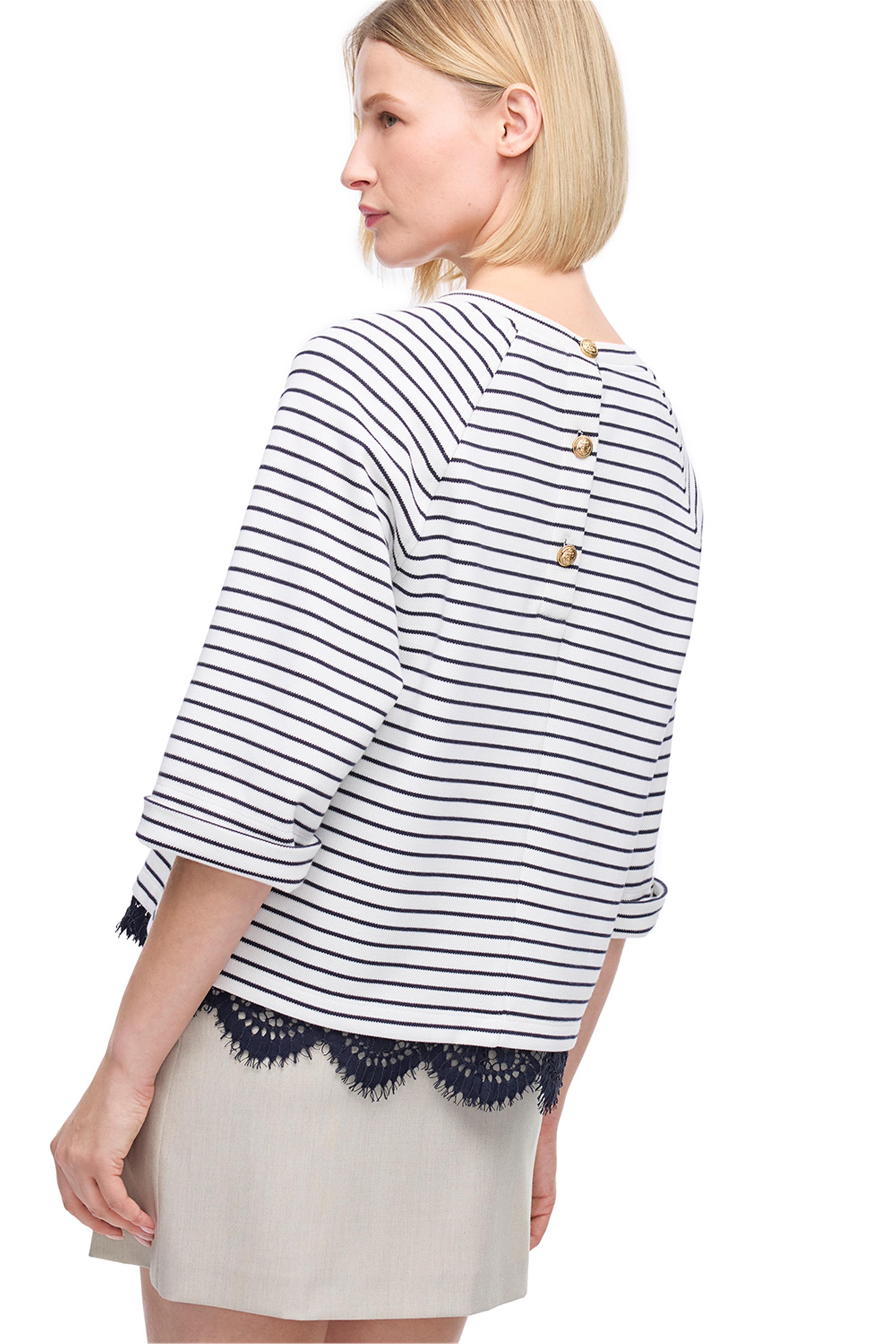 Beyaz Lacivert Çizgili Bisiklet Yaka Pamuk Karışımlı Bluz