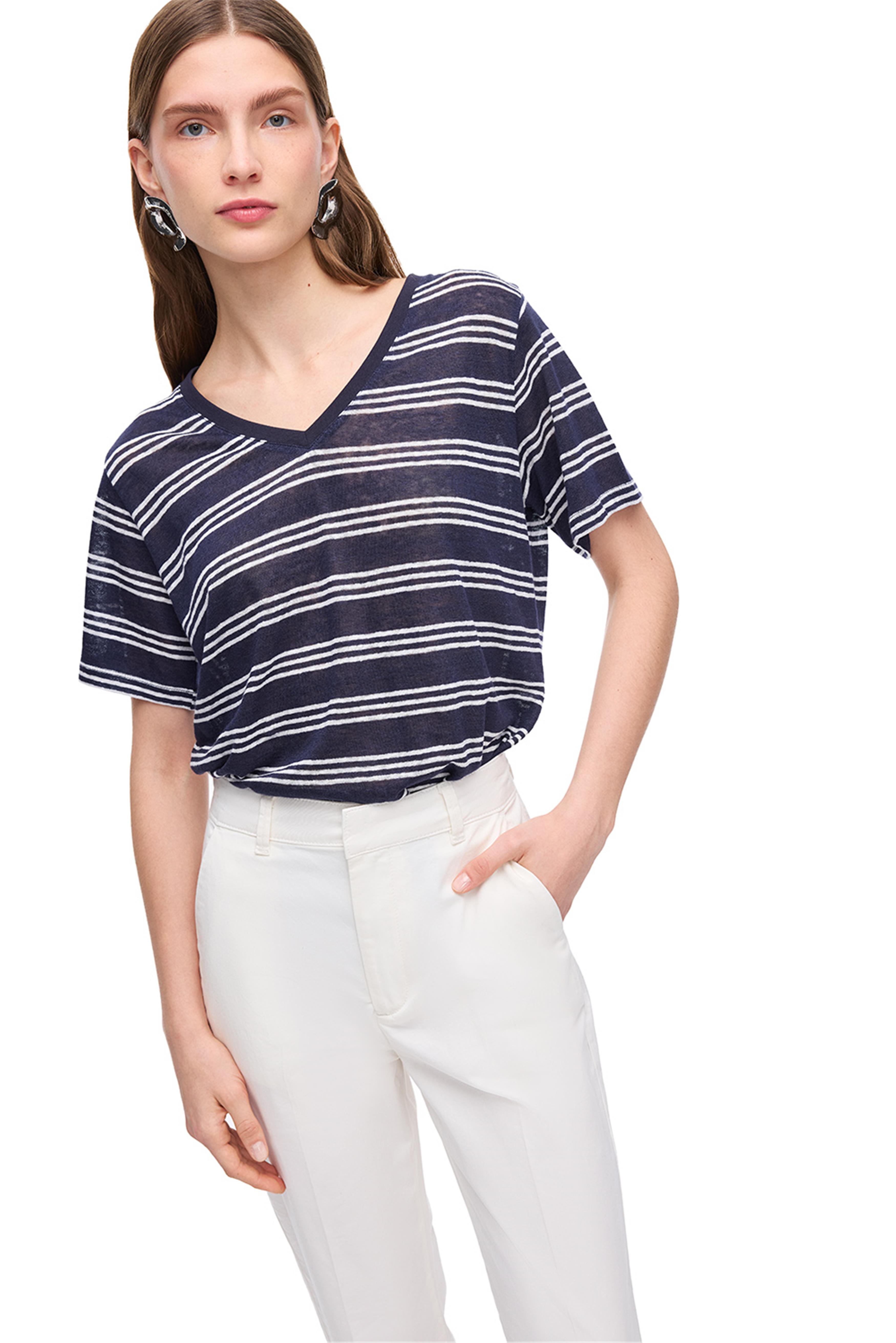 Beyaz Lacivert V Yaka Keten Tişört