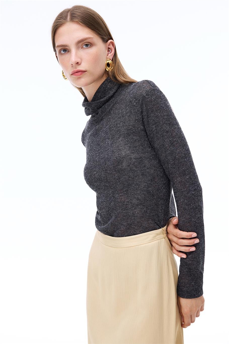 Bonnie Slim Fit Standart Boy Takma Kol Balıkçı Yaka Antrasit Bluz