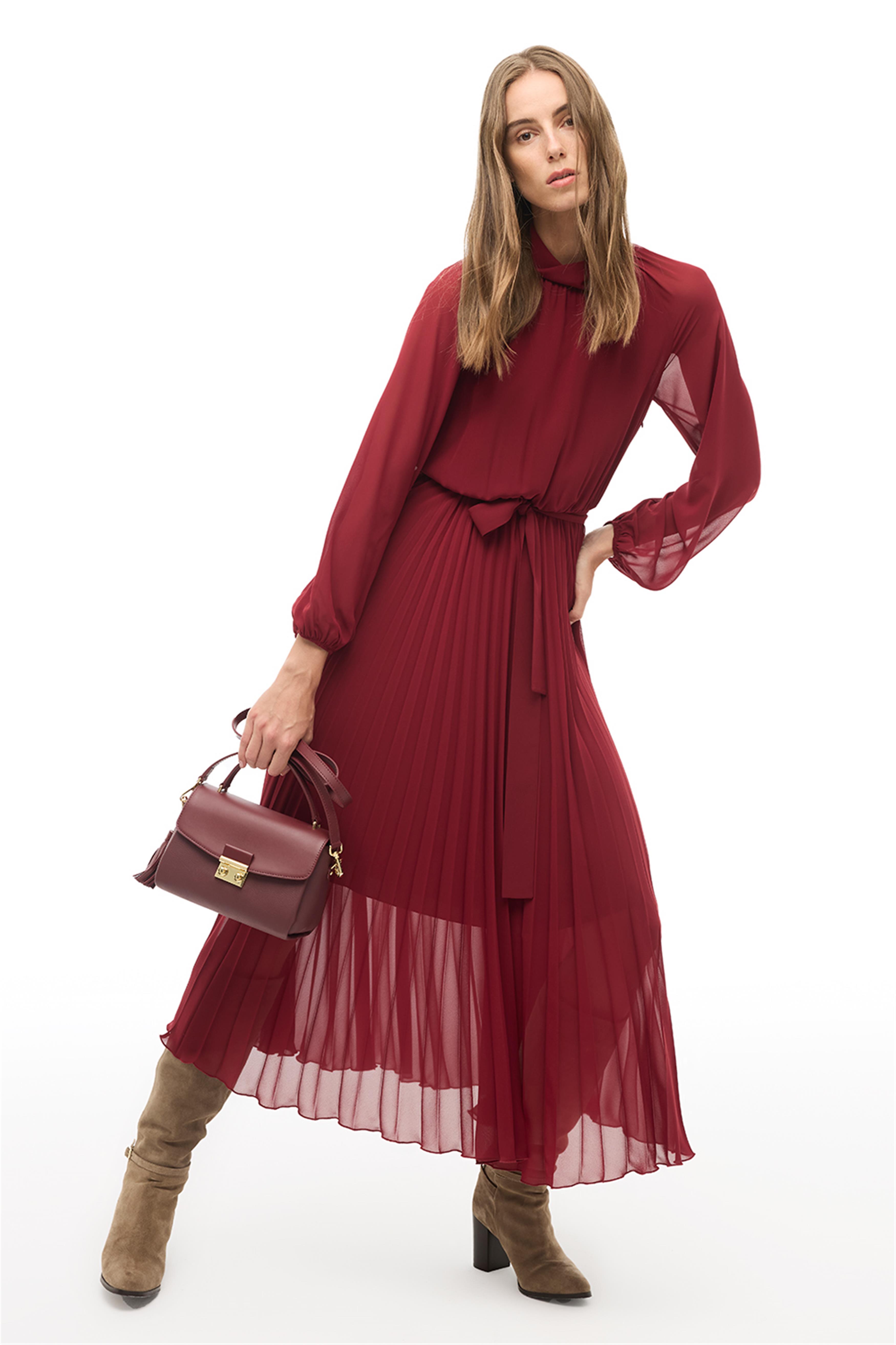 Bordo Balıkçı Yaka Bilek Boy Elbise