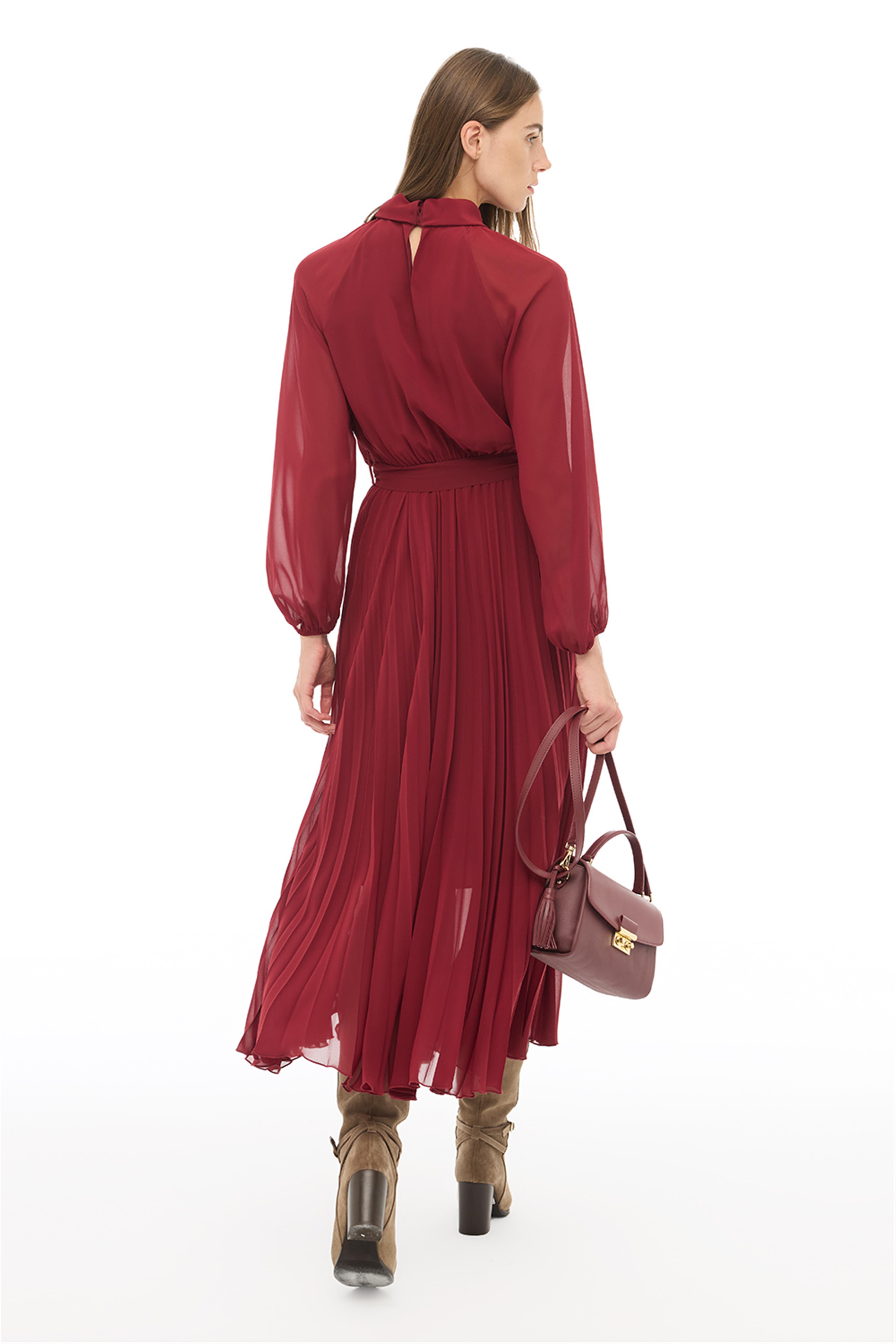 Bordo Balıkçı Yaka Bilek Boy Elbise