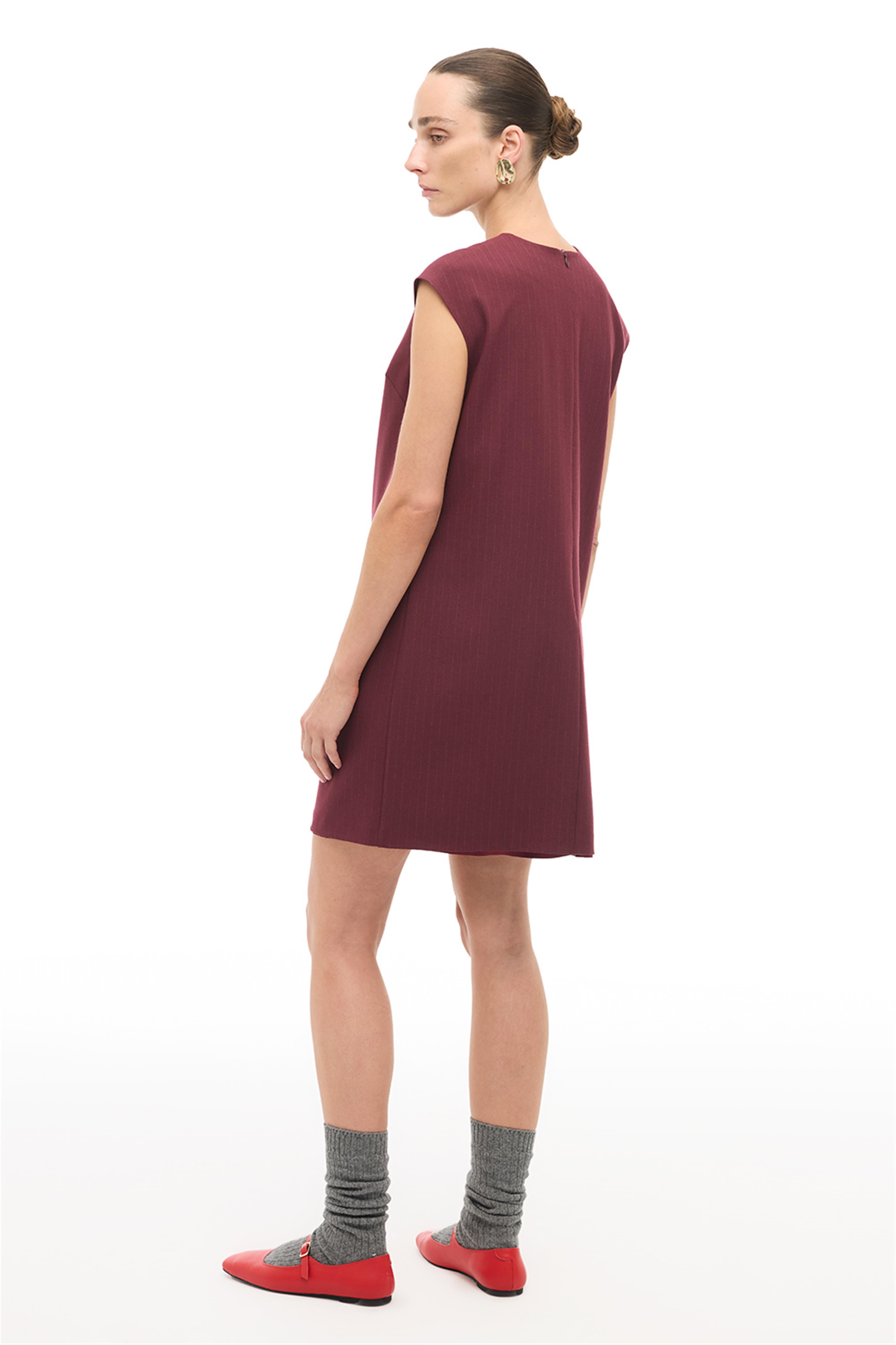 Bordo Çizgili Slim Fit Midi Elbise