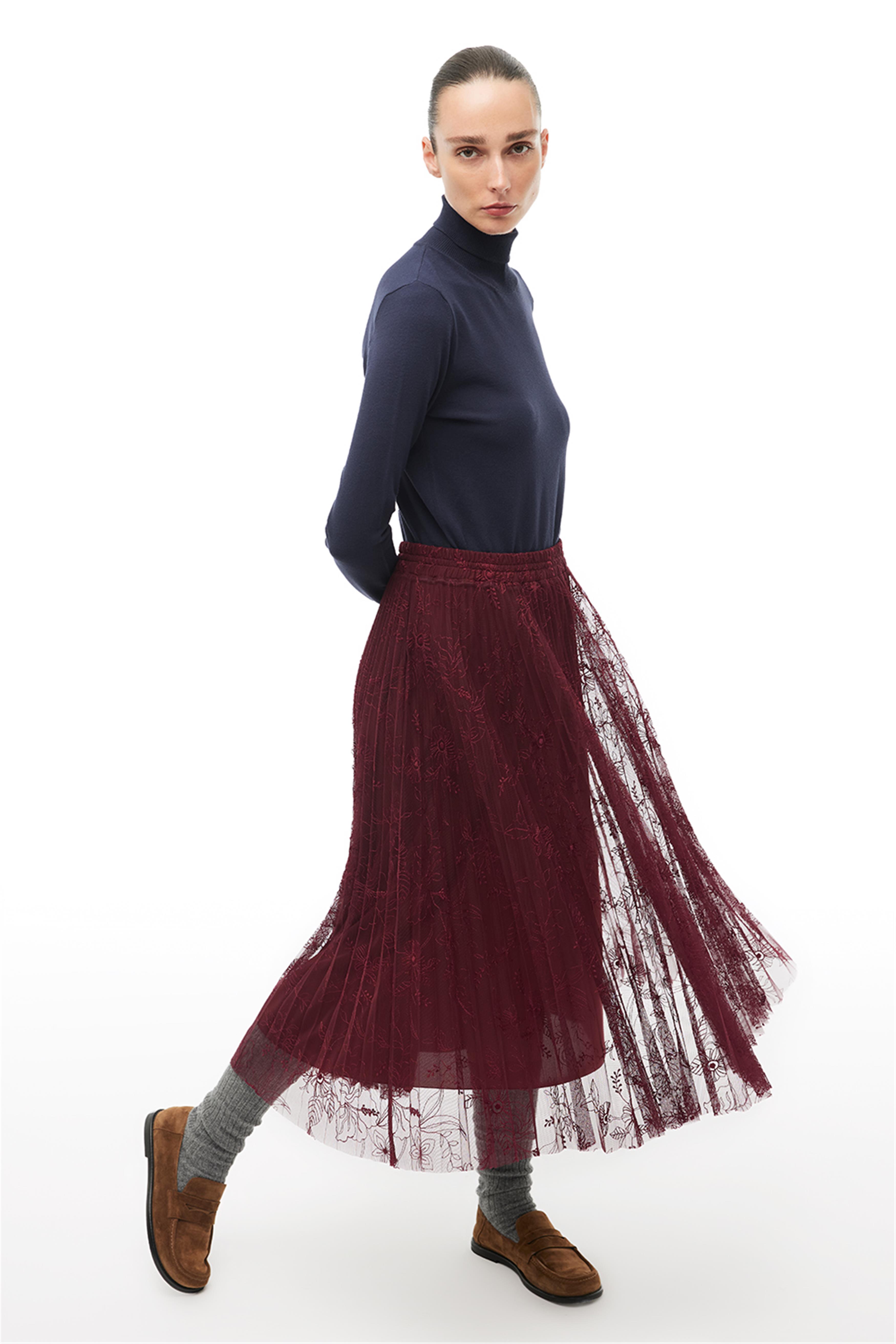 Bordo Yüksek Bel Bilek Boy Etek