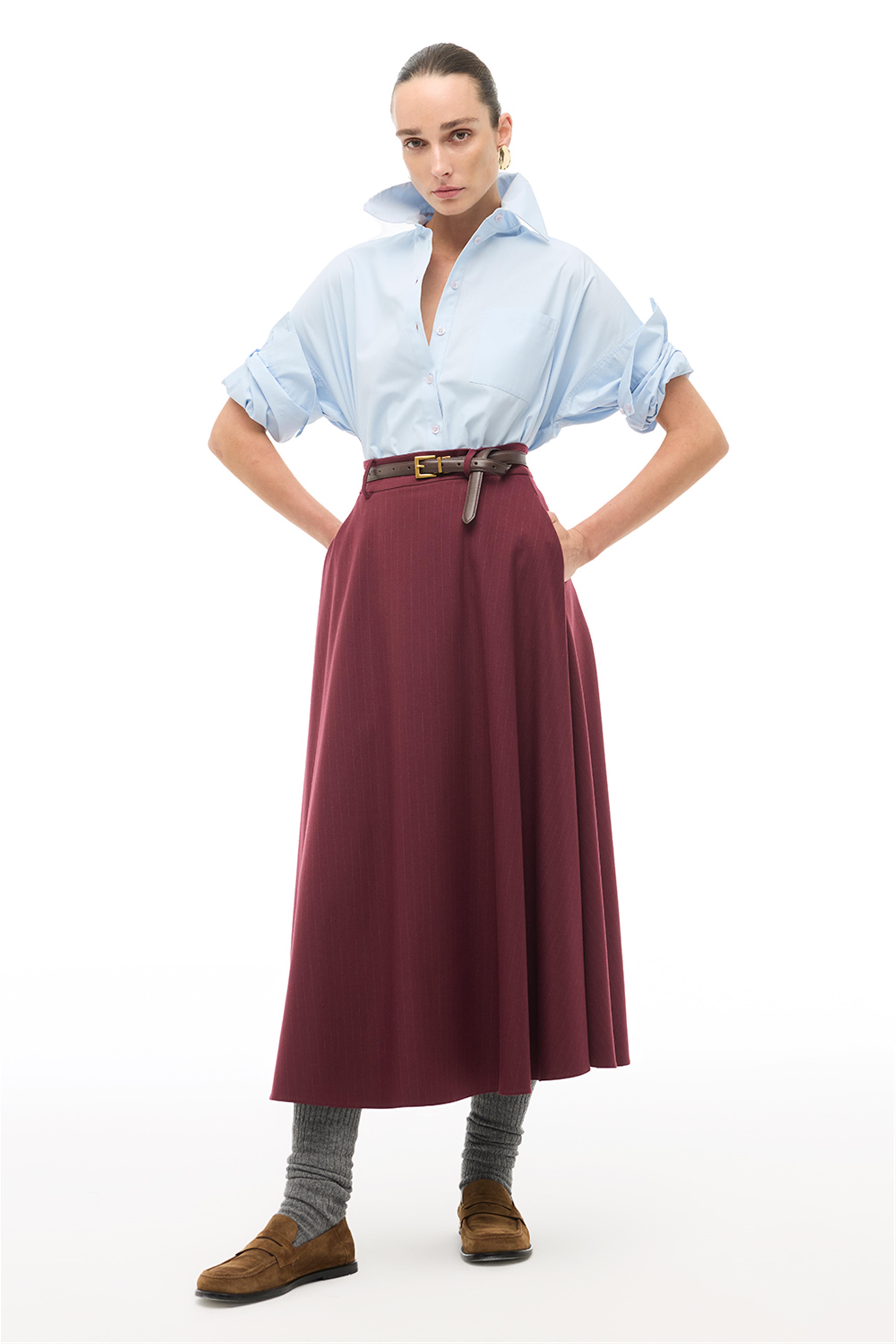 Bordo Yüksek Bel Çizgili Bilek Boy Etek