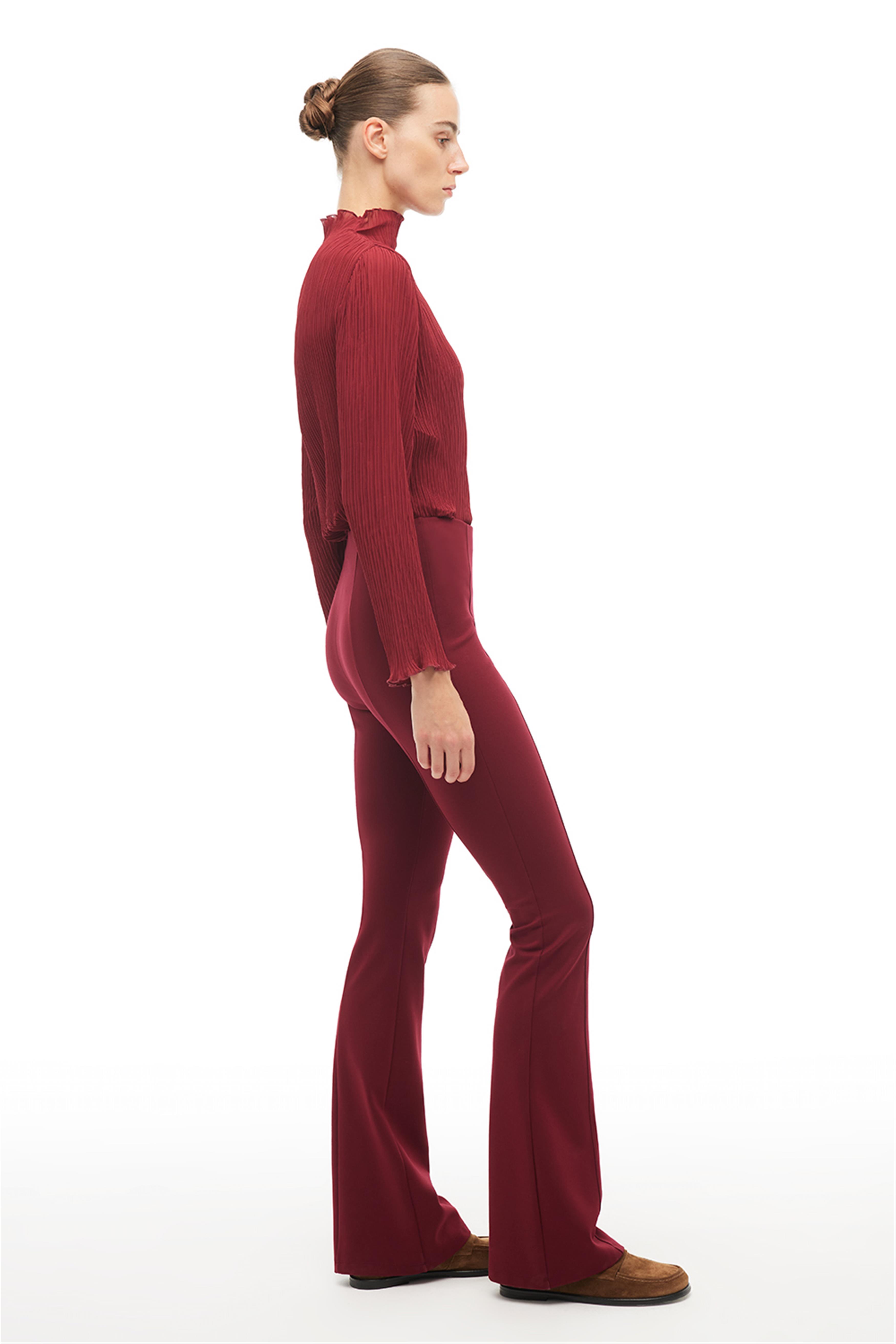 Bordo Yüksek Bel Slim Fit Geniş Paça Pantolon