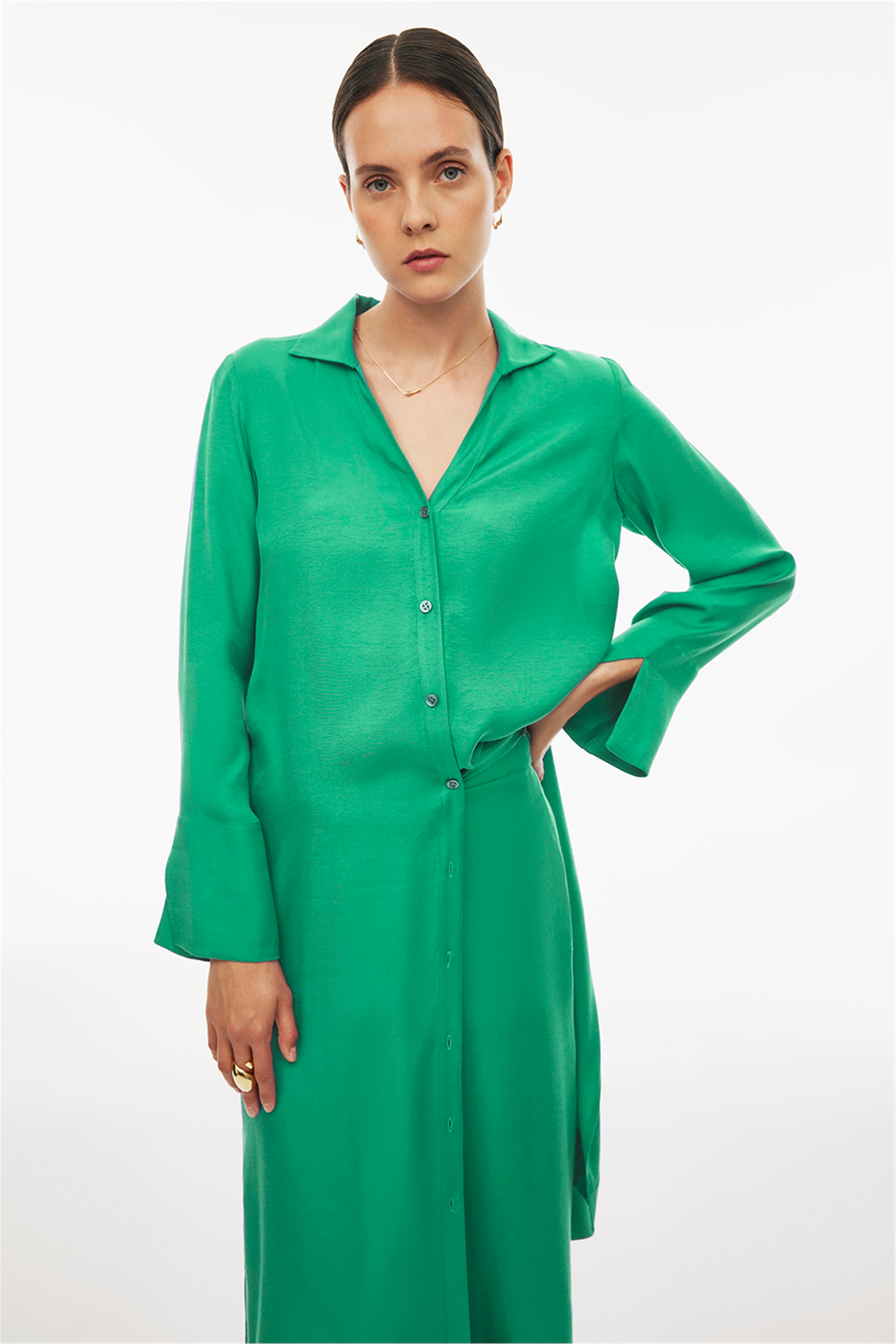 Caels Regular Fit Uzun Boy Takma Kol Gömlek Yaka Mint Renk Tunik