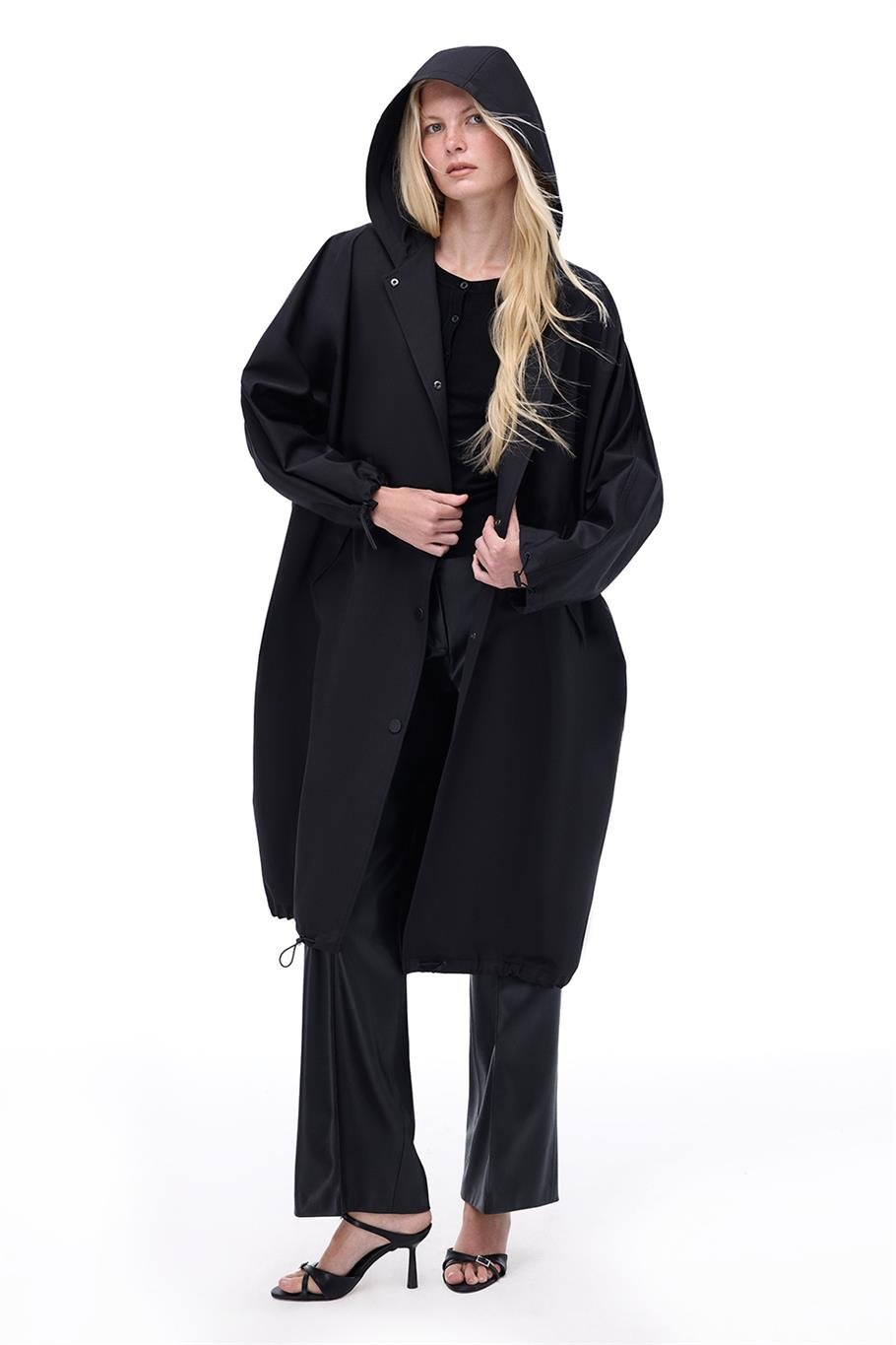 Capellas Rahat Kalıp Midi Boy Düşük Kollu Kapüşonlu Siyah Trençkot