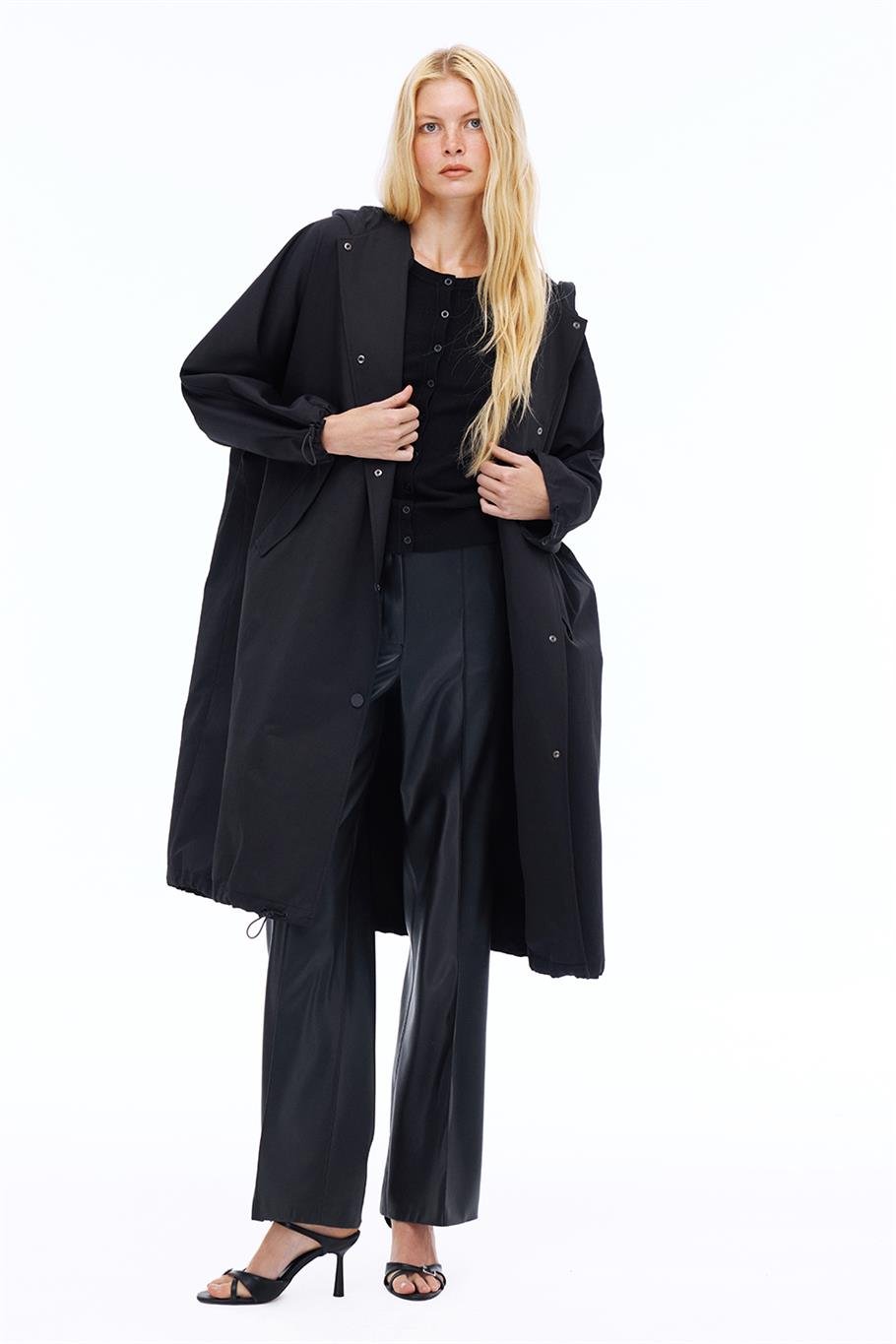 Capellas Rahat Kalıp Midi Boy Düşük Kollu Kapüşonlu Siyah Trençkot