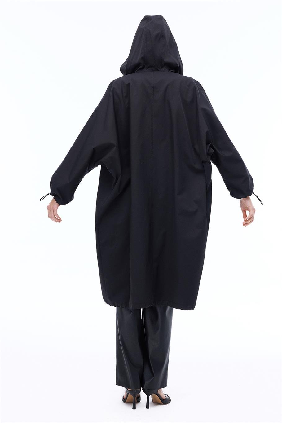 Capellas Rahat Kalıp Midi Boy Düşük Kollu Kapüşonlu Siyah Trençkot