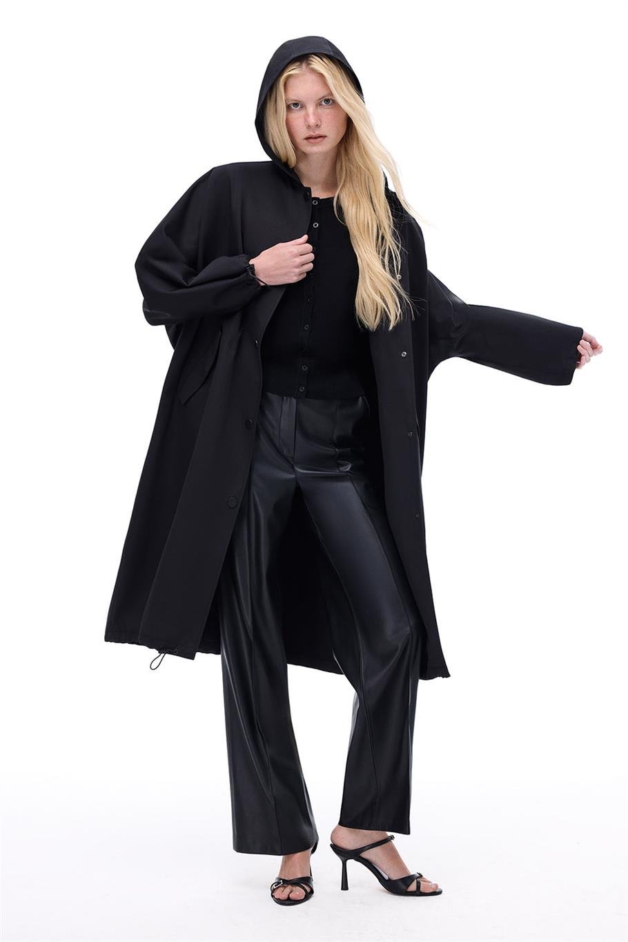 Capellas Rahat Kalıp Midi Boy Düşük Kollu Kapüşonlu Siyah Trençkot