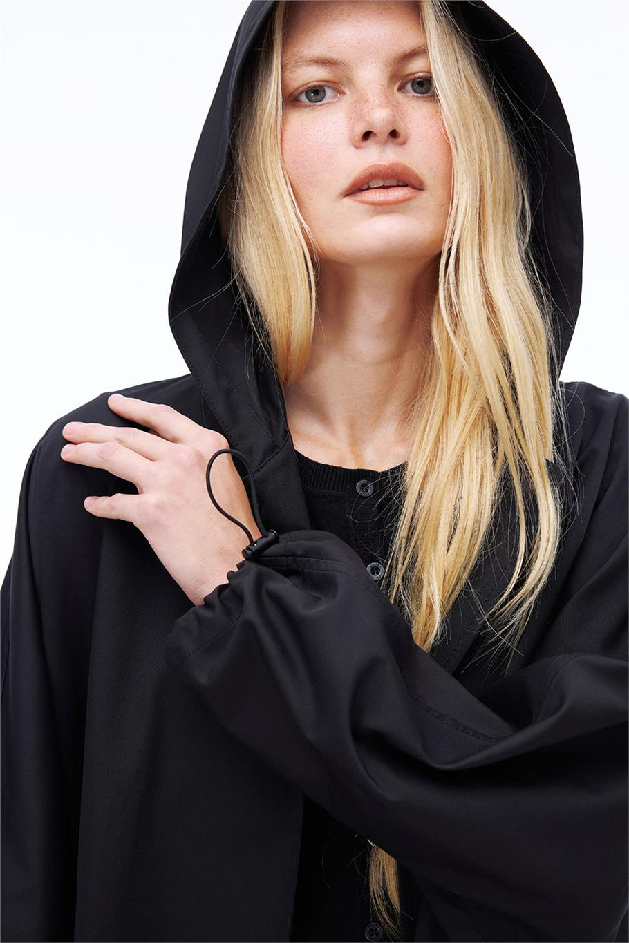 Capellas Rahat Kalıp Midi Boy Düşük Kollu Kapüşonlu Siyah Trençkot